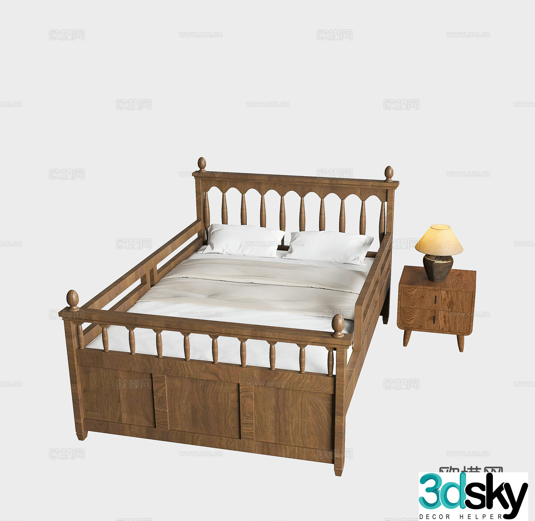 Nordic bed Japanese style bed Medium style bed Modern solid wood bed Bedside chandelier Bedside table 3D model