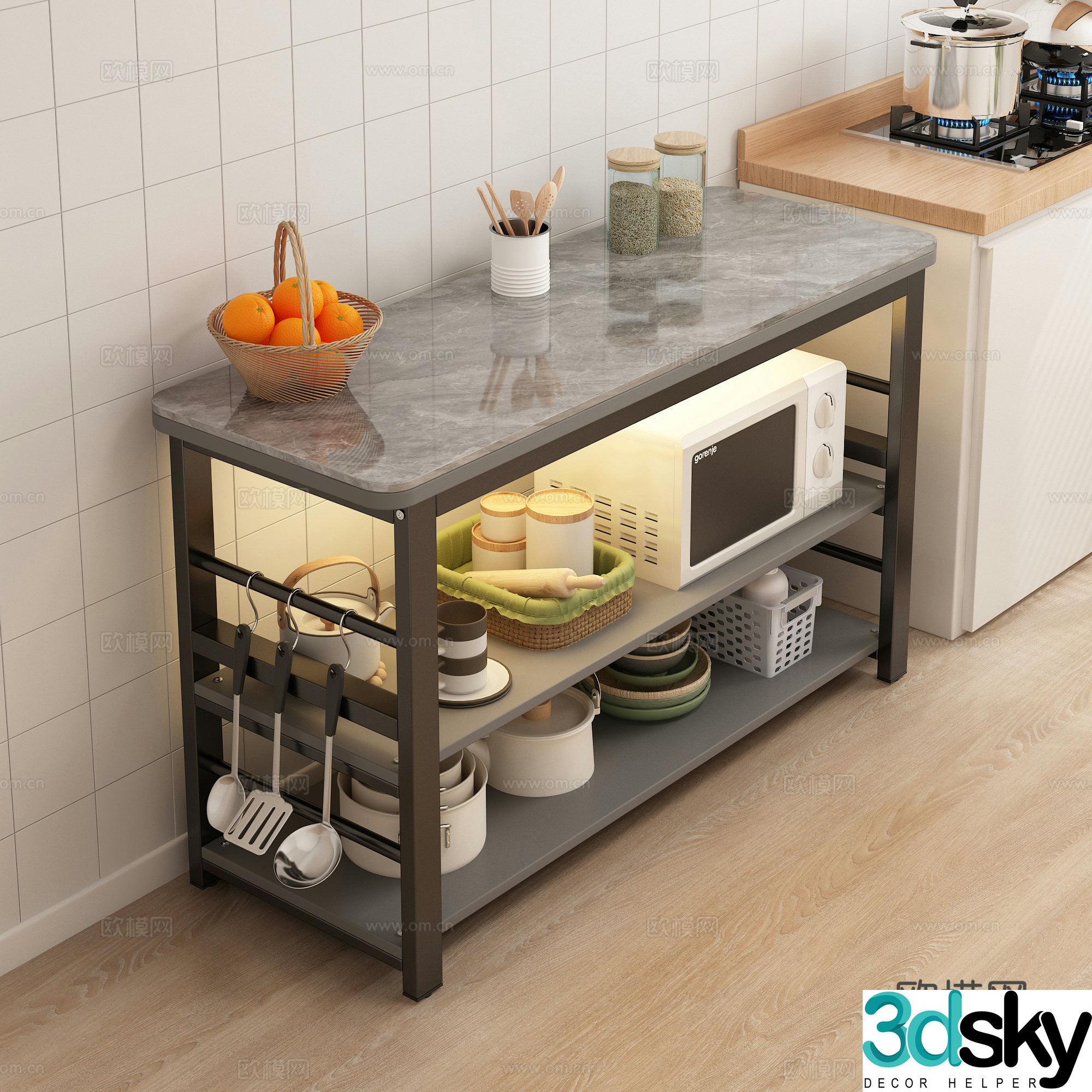 Modern kitchen shelf microwave oven kitchen supplies seasoning bottle pots and pans 3d model