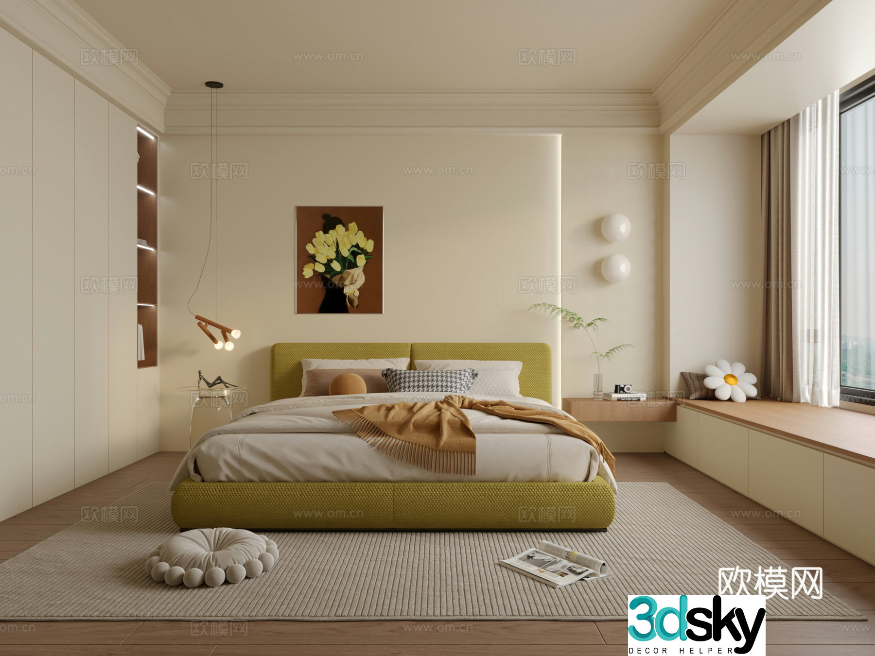 Simple creamy bedroom 3d model