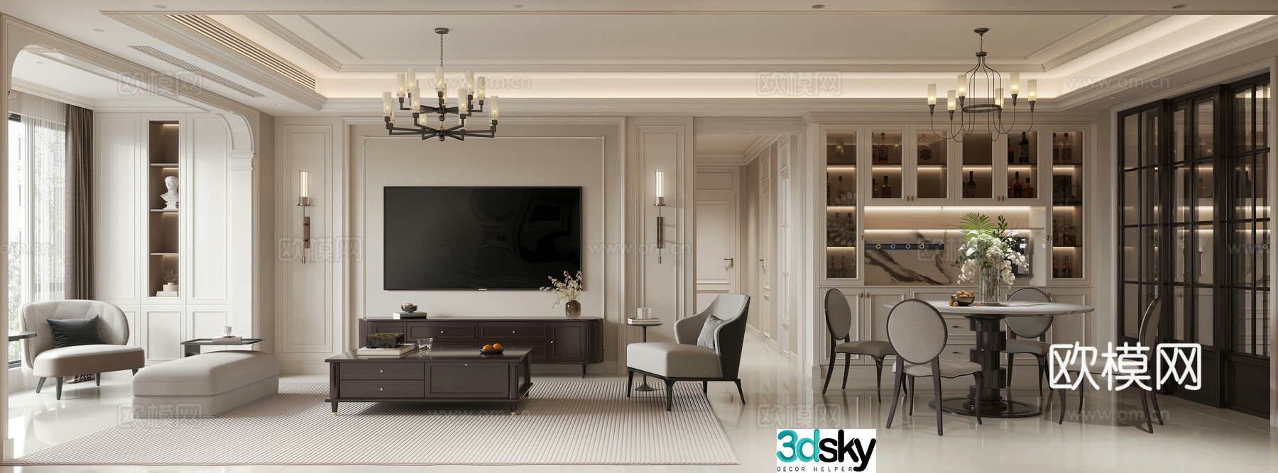 French retro living and dining room 3d model