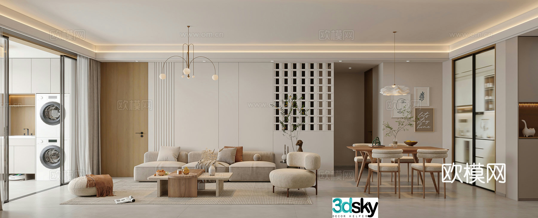 Wasabi Living Dining Room Modern Living Room Simple Cream Style Dining Table Combination Sofa Leisure Chair 3D Model