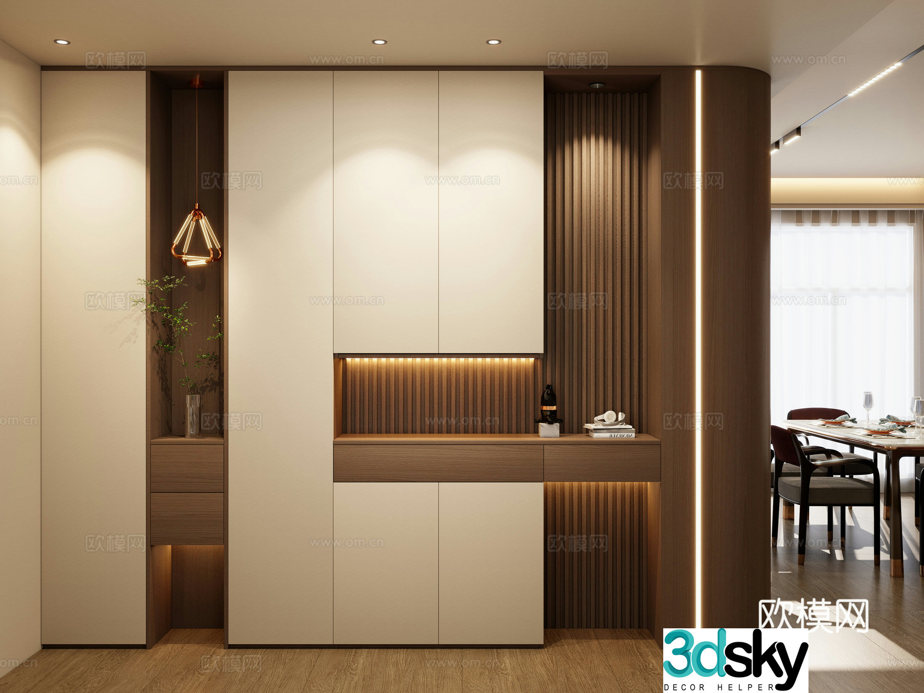 Middle-aged light luxury style end view cabinet grille board arc shape entrance entrance 3D model