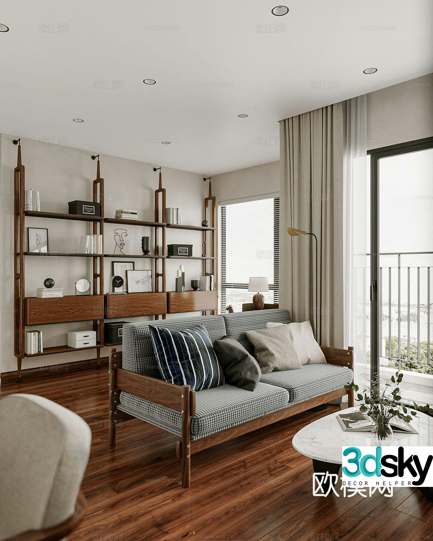 Middle style living room Middle style bookshelves modern living room Middle style sofa coffee table combination 3D model