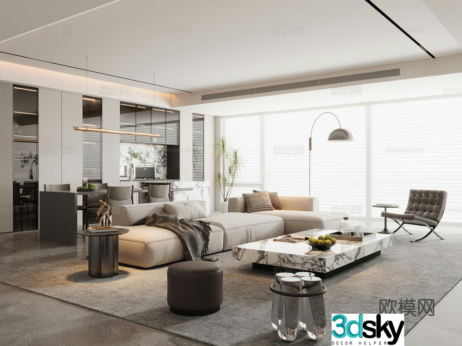 Modern living and dining room horizontal hall sofa and coffee table combination sofa chair dining table and chair sideboard wine cabinet 3d model