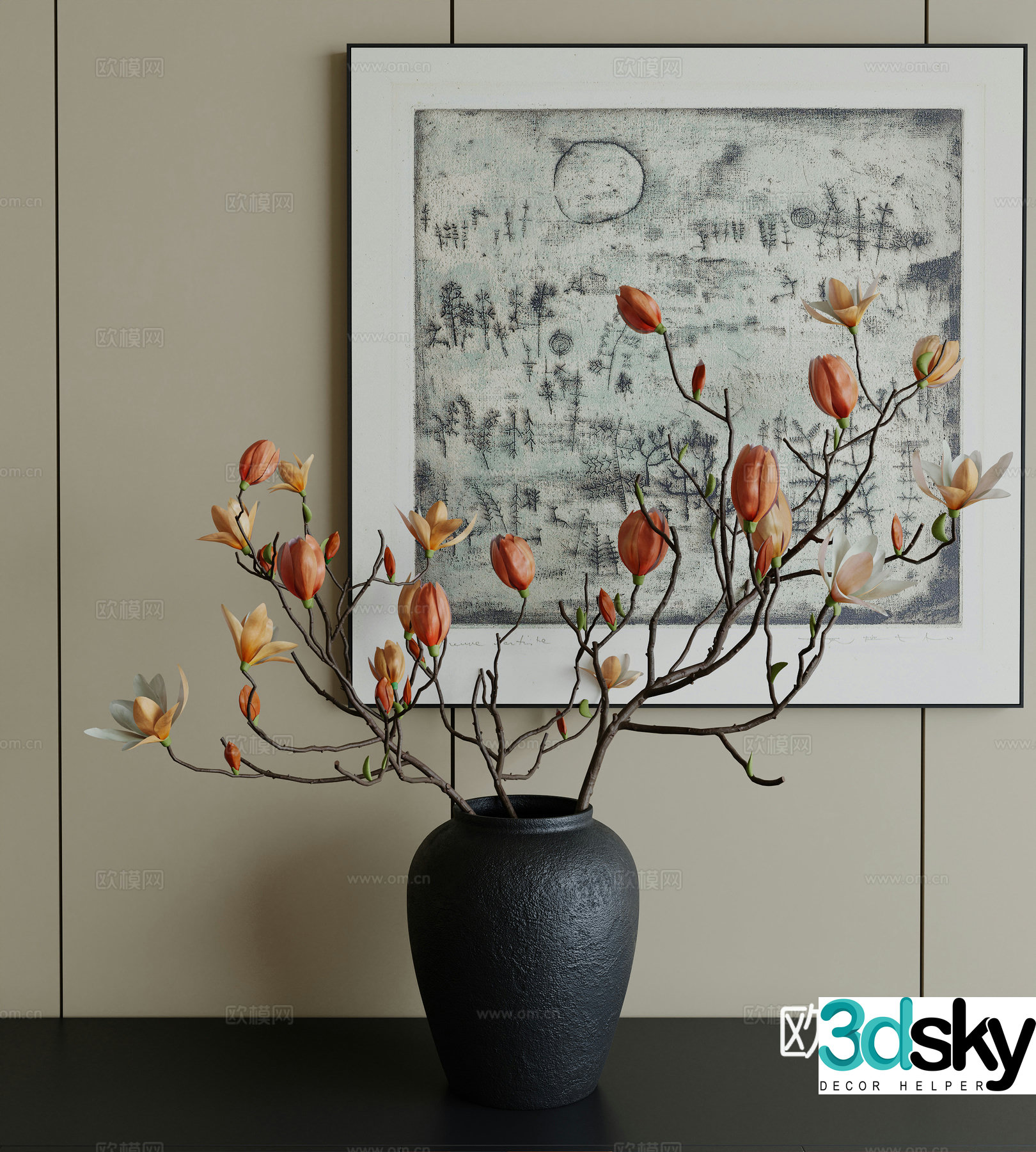 Vase floral ornaments decorative hanging paintings 3D model