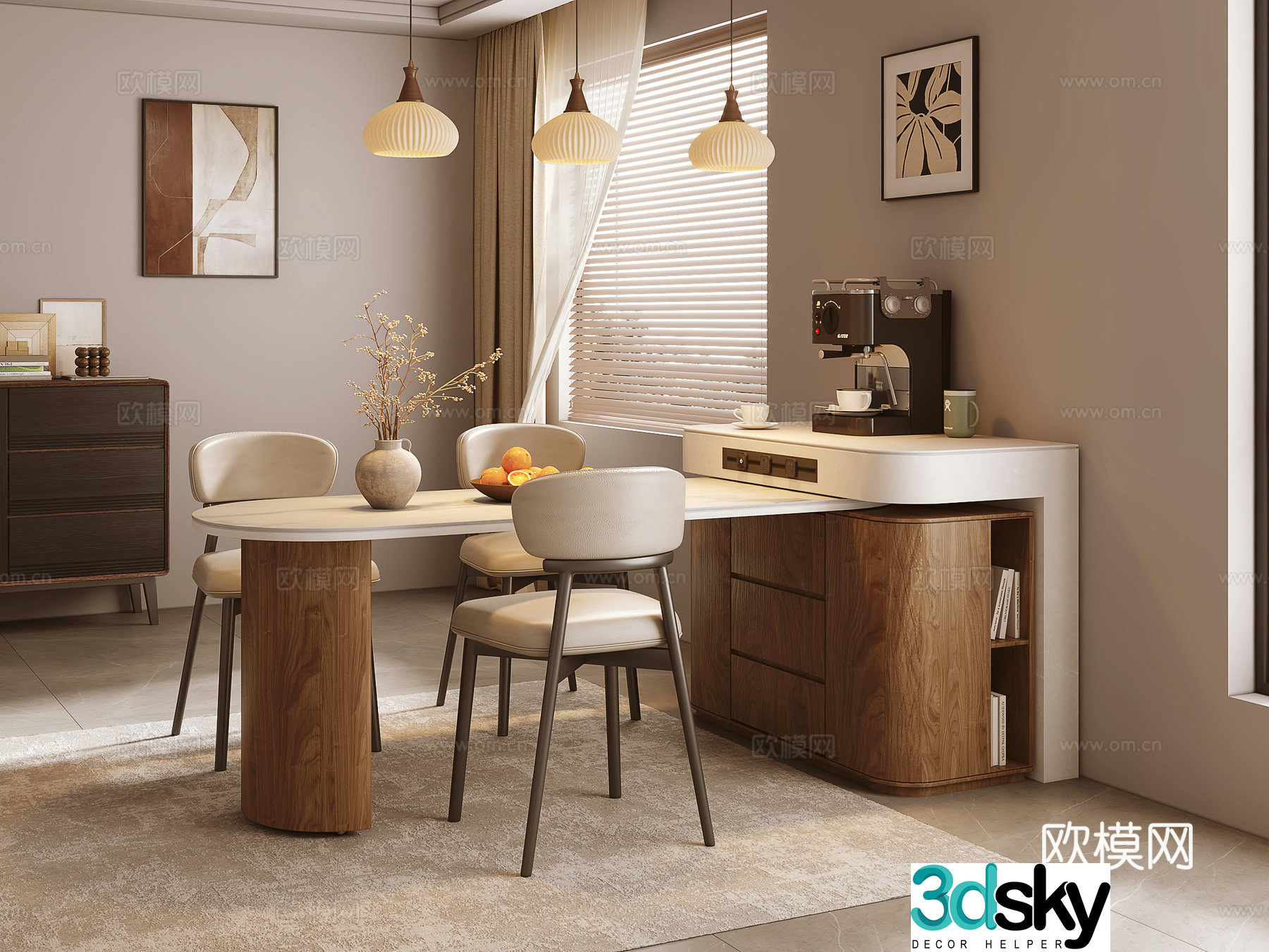 Middle-aged island table dining table and chair 3D model