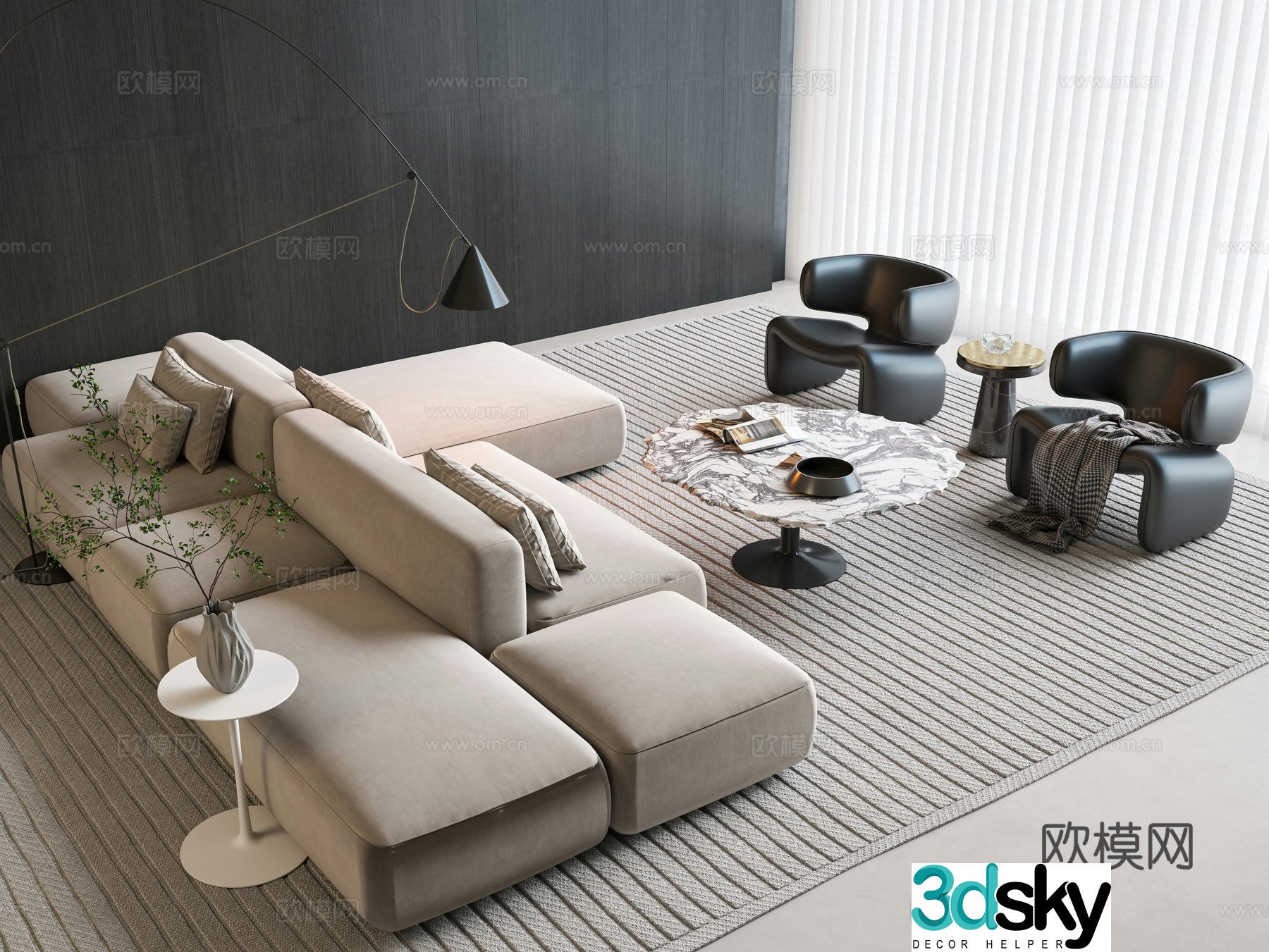 Modern Italian double-sided sofa sofa tea table combination double-rest sofa tofu block sofa sofa tea 3D model