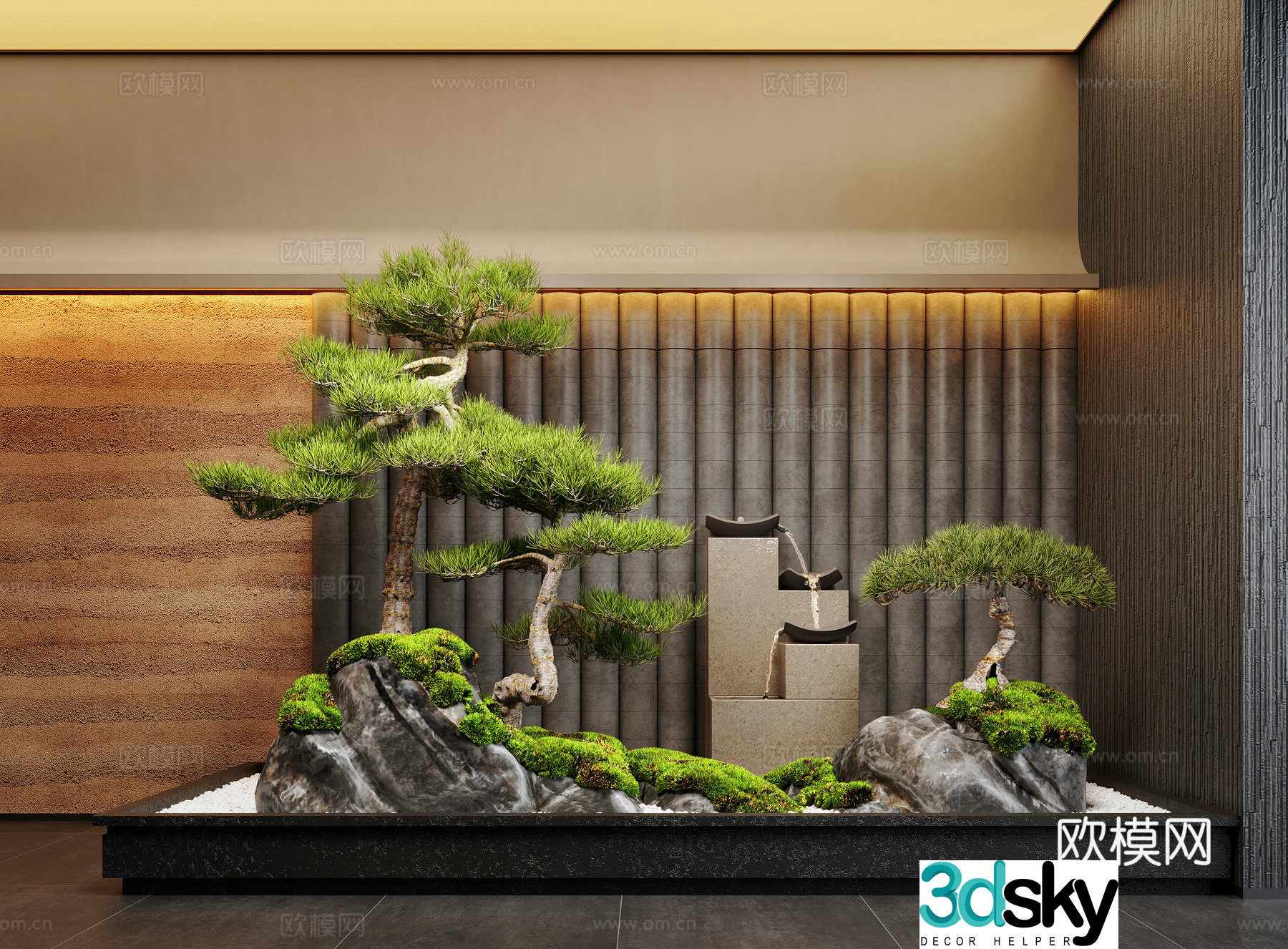 New Chinese style indoor landscape plant landscaping pine trees moss landscape stones 3D model