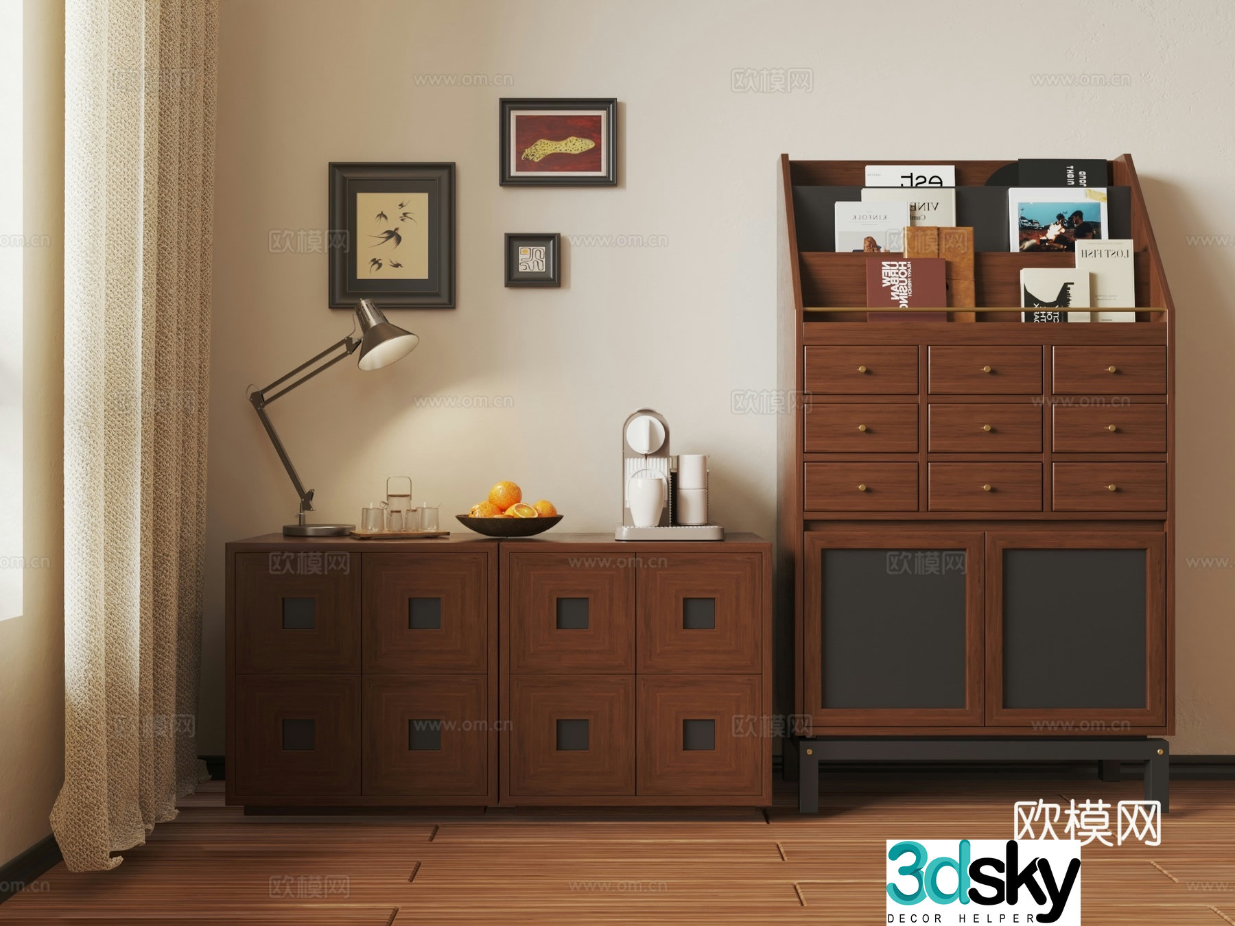 Modern restaurant solid wood dining cabinet side cabinet high and low cabinet 3D model