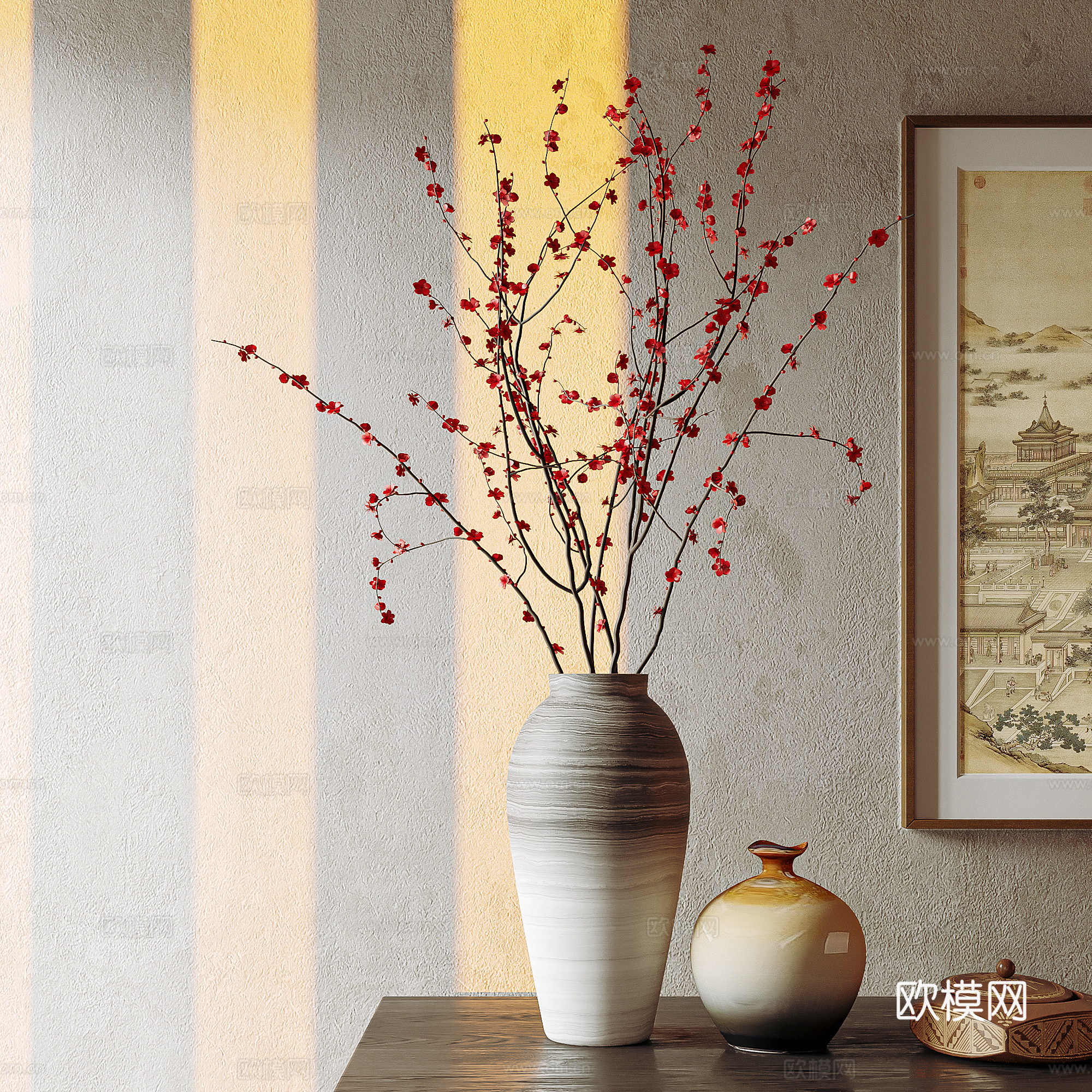 The ancient style vase flower art flower arrangement stems and branches dried flowers pottery jars utensils 3D model of the entrance ornament