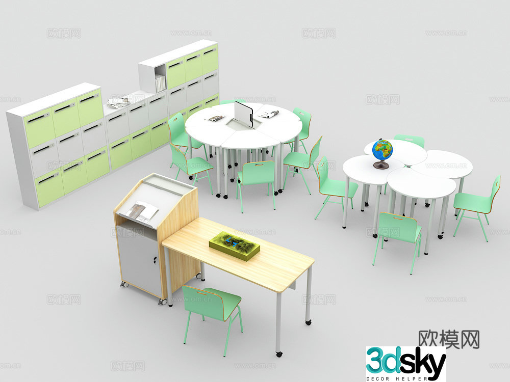 Student desk table podium locker classroom table and chair 3D model