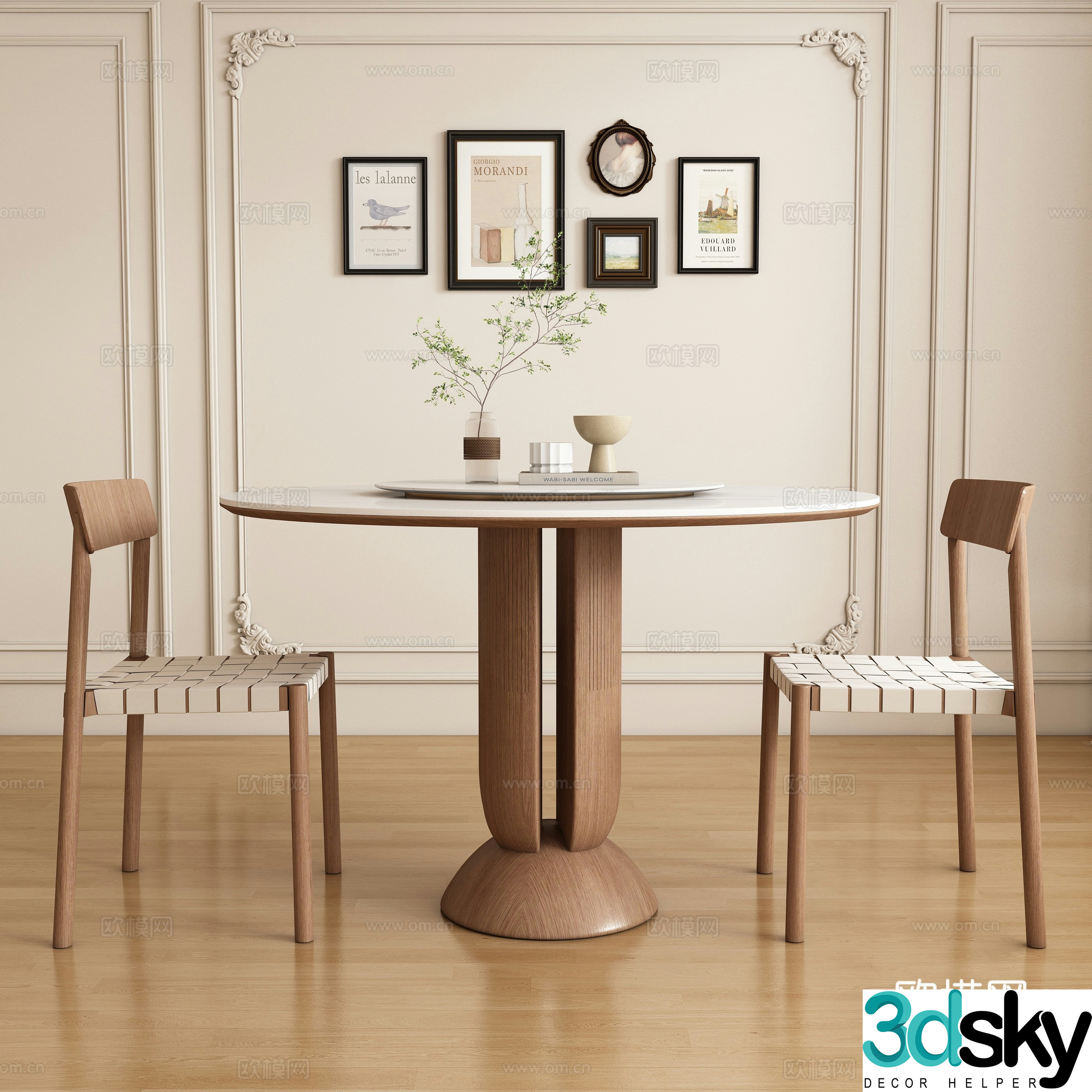 Medium style round dining table and chair 3D model