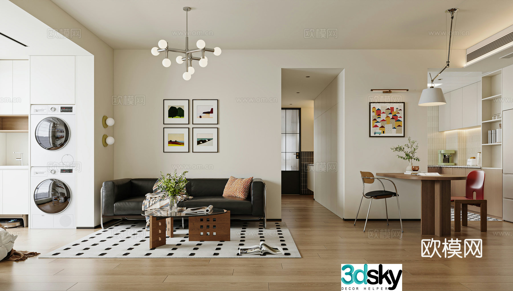 Modern medieval living room Bauhaus living room Medium medieval dining table and chairs Shift chandelier Wash and drying set 3D model