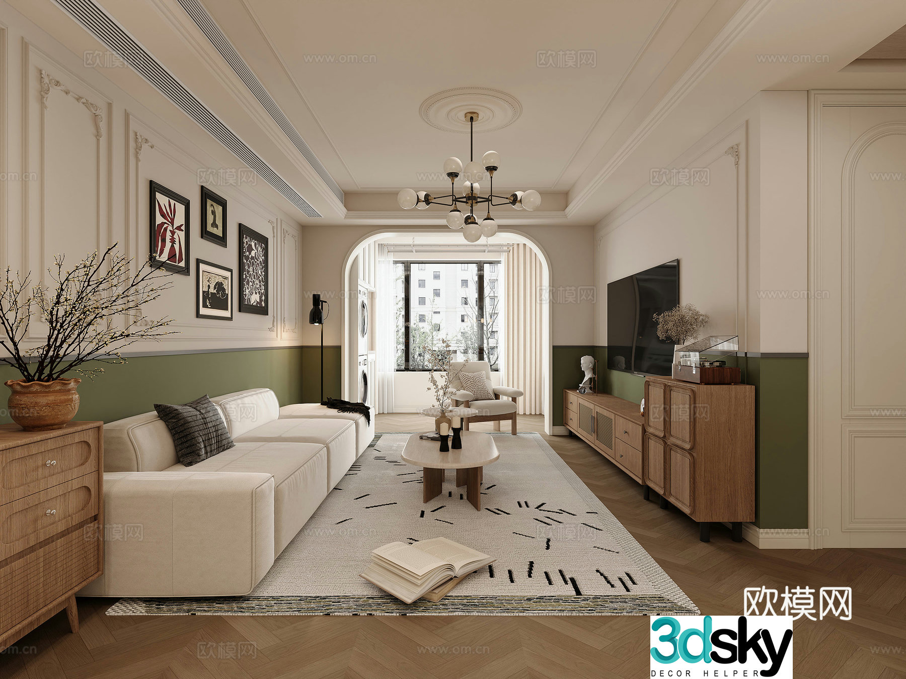 American retro living room hole board TV cabinet chandeliers 3d model