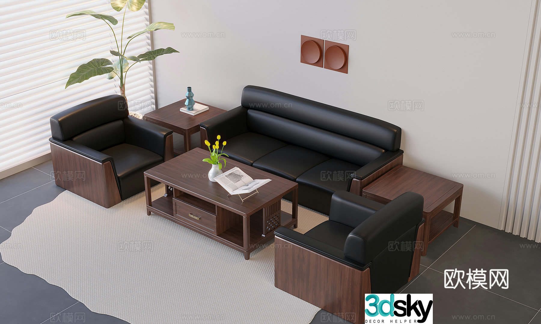Chinese sofa coffee table combination reception sofa coffee table solid wood conference soft bag sofa 3D model