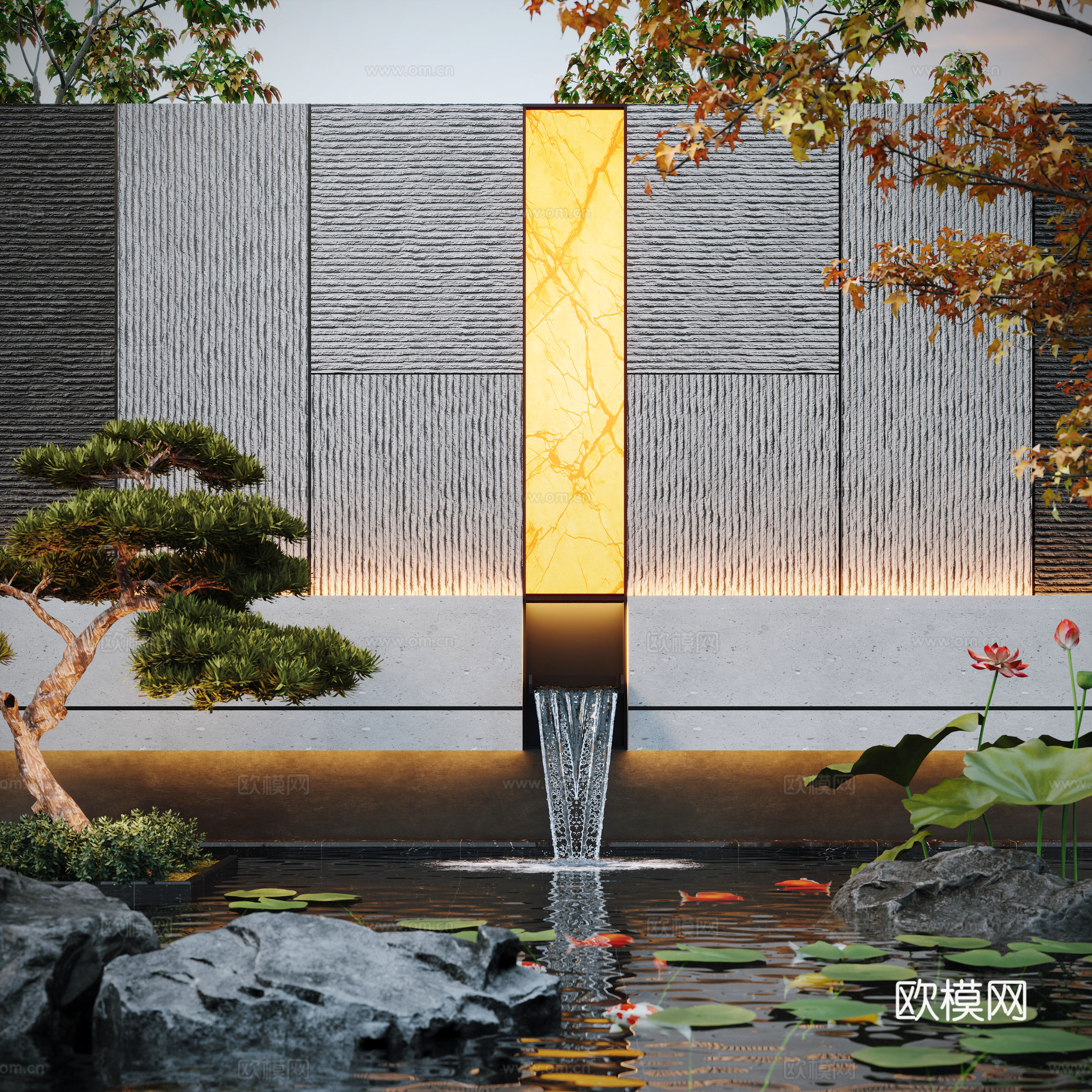 Modern water landscape courtyard waterscape stacked water fish pond landscape wall 3d model