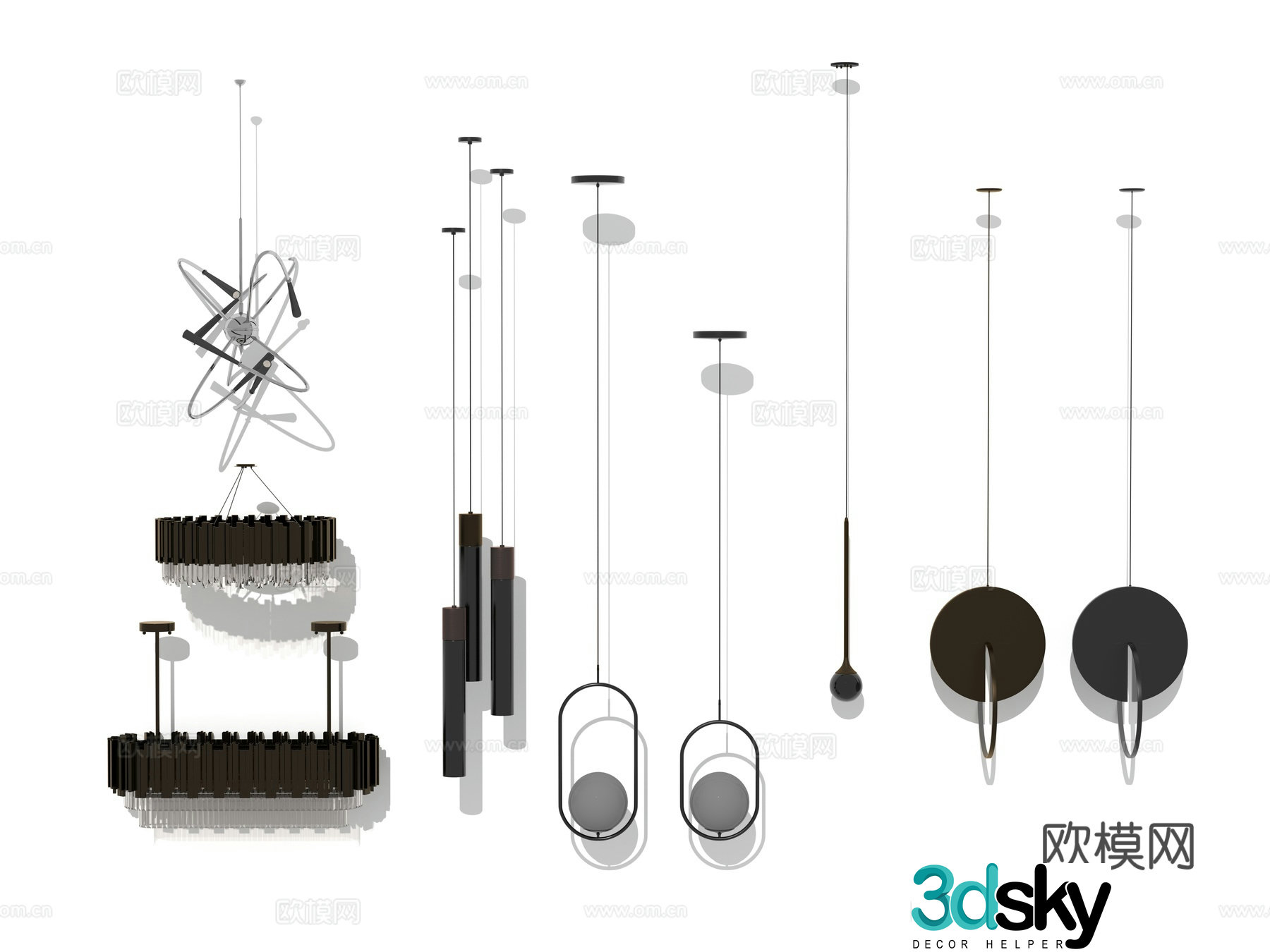 Modern Wasabi Lobby Hotel Living Room Linear Metal Cylinder Special-shaped Chandelier Combination 3D Model