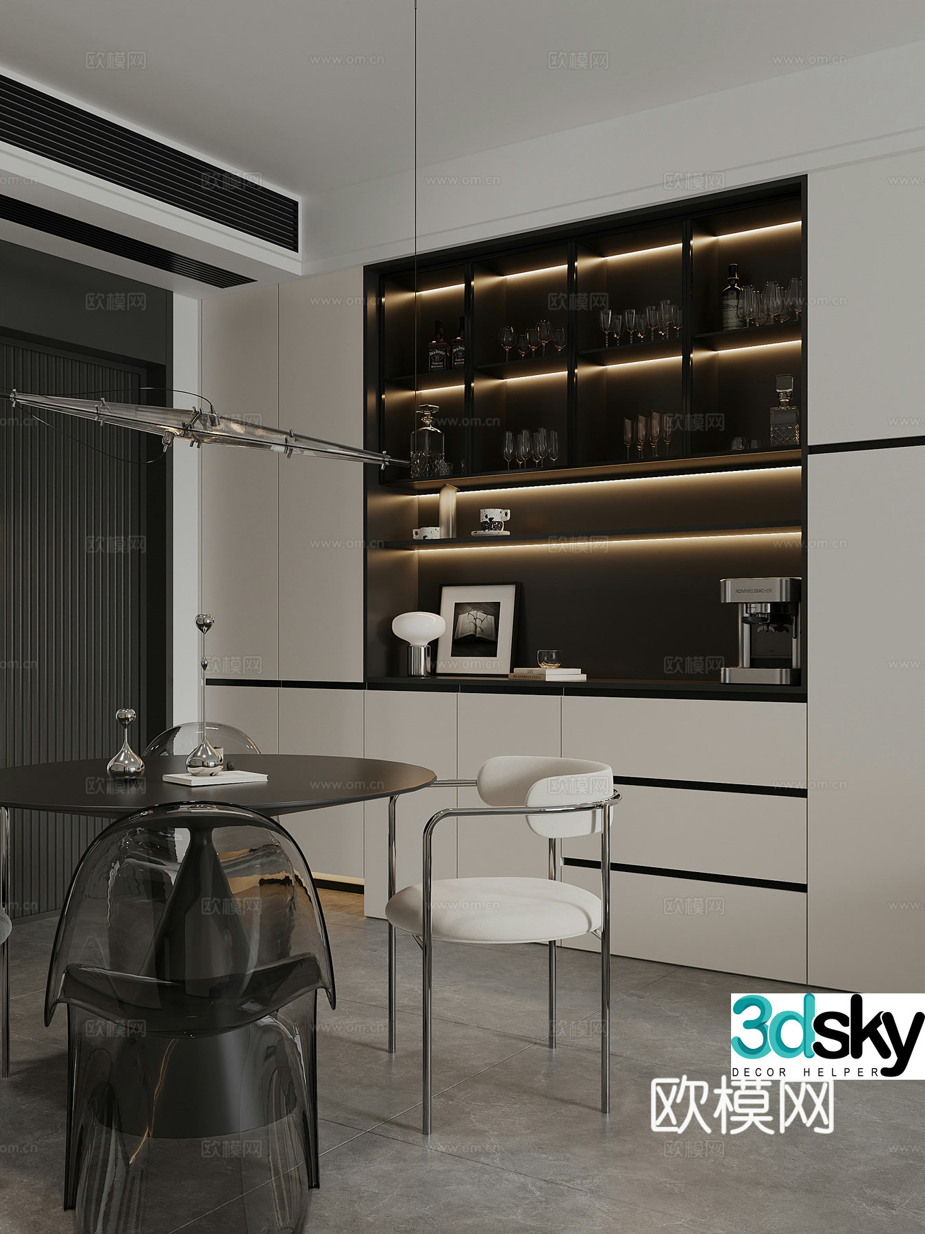 Modern black white and gray restaurant 3d model