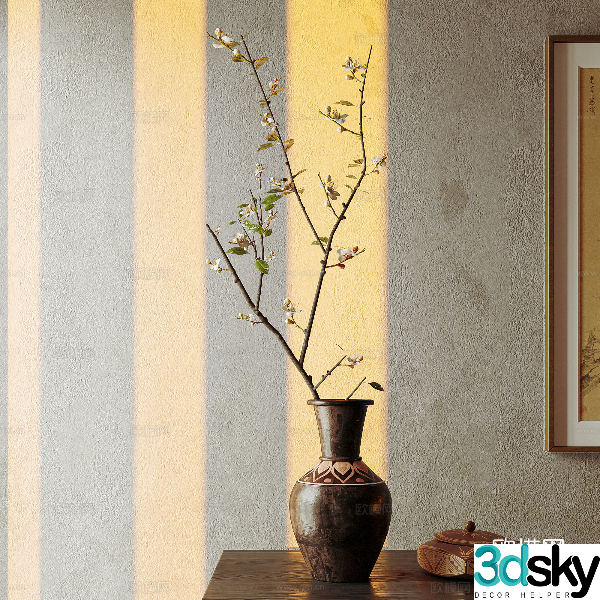The ancient style of flowers arrangement porch ornaments vase pottery jar utensils stems and branches decorative paintings 3D model