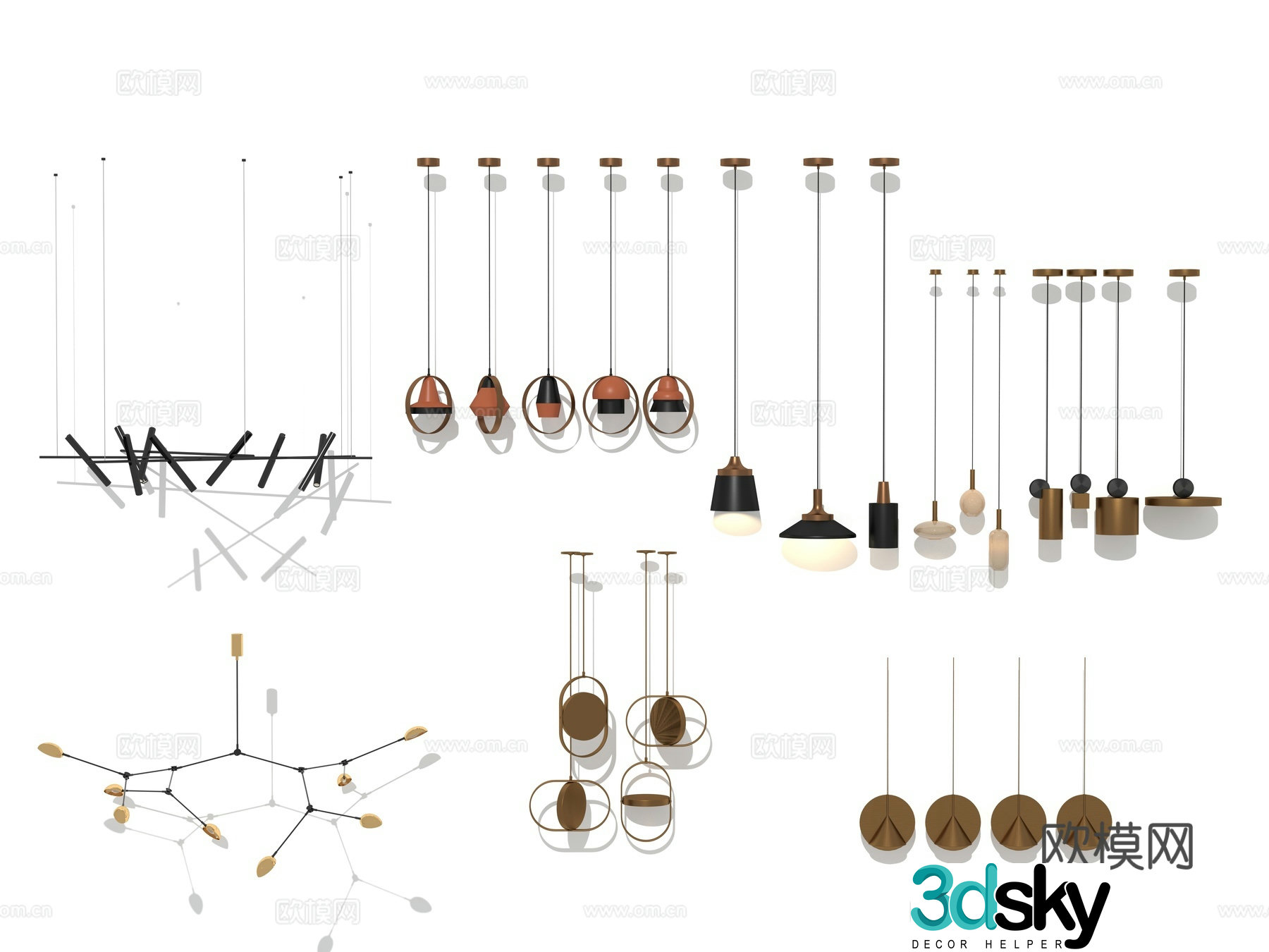 Modern Wasabi Lobby Hotel Living Room Linear Metal Cylinder Special-shaped Chandelier Combination 3D Model