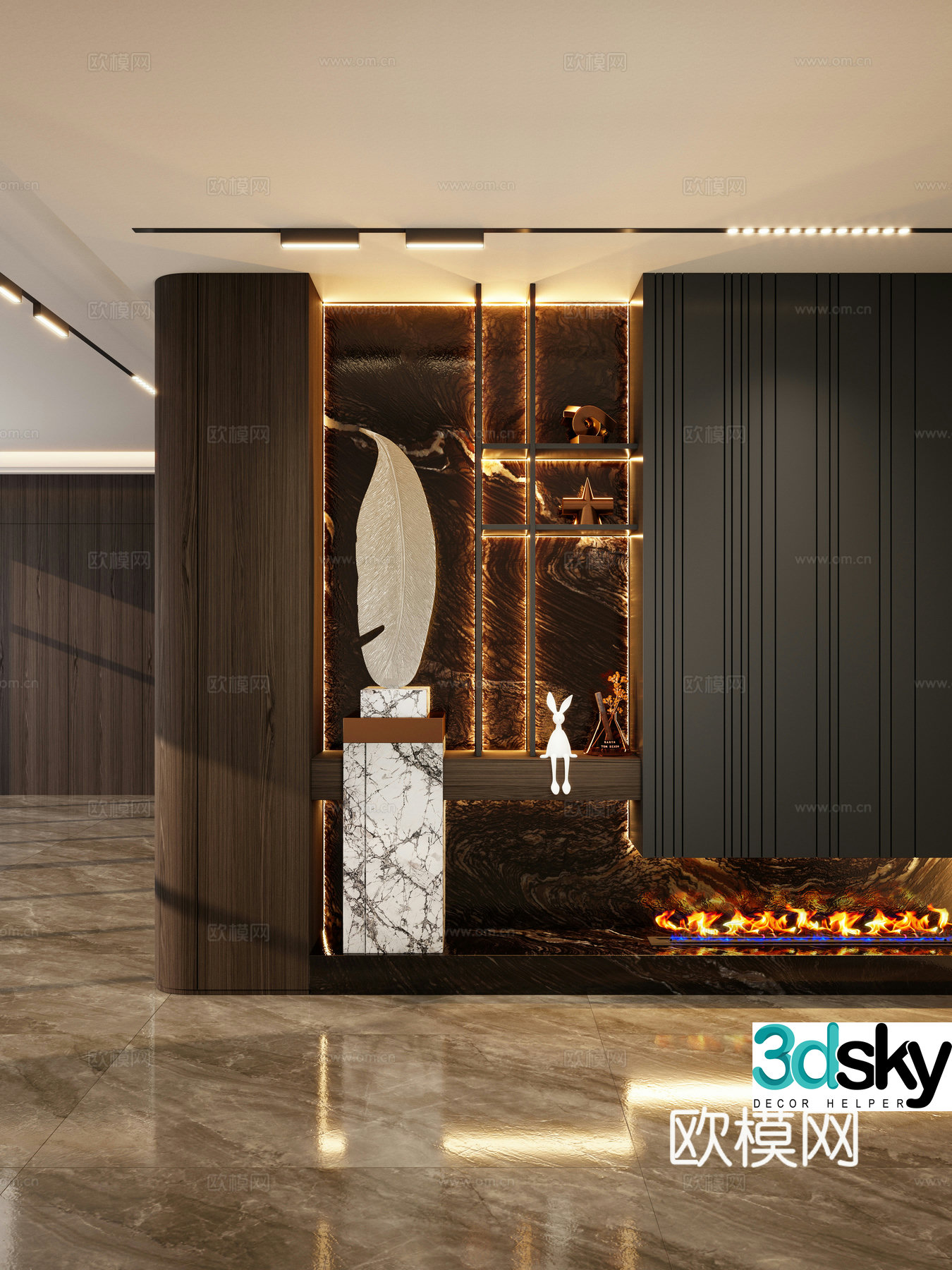 Italian style light luxury style black gold metal laminate feather sculpture flame fireplace porch 3d model