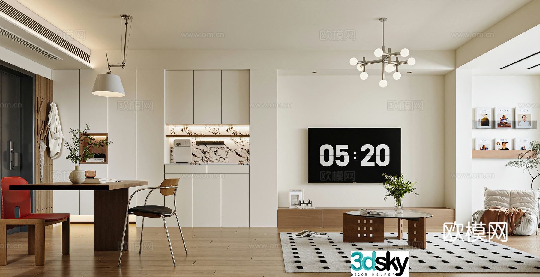 Modern medieval living room Bauhaus living room Medium medieval dining table and chairs Shift chandelier Wash and drying set 3D model