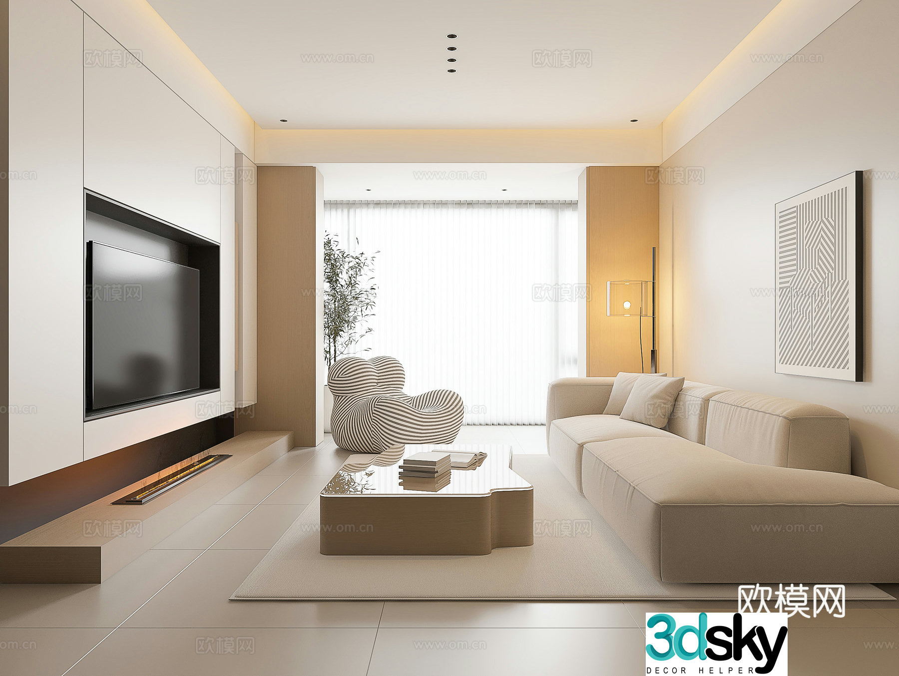 Modern living room large flat living room log living room creamy living room modern sofa coffee table combination 3D model