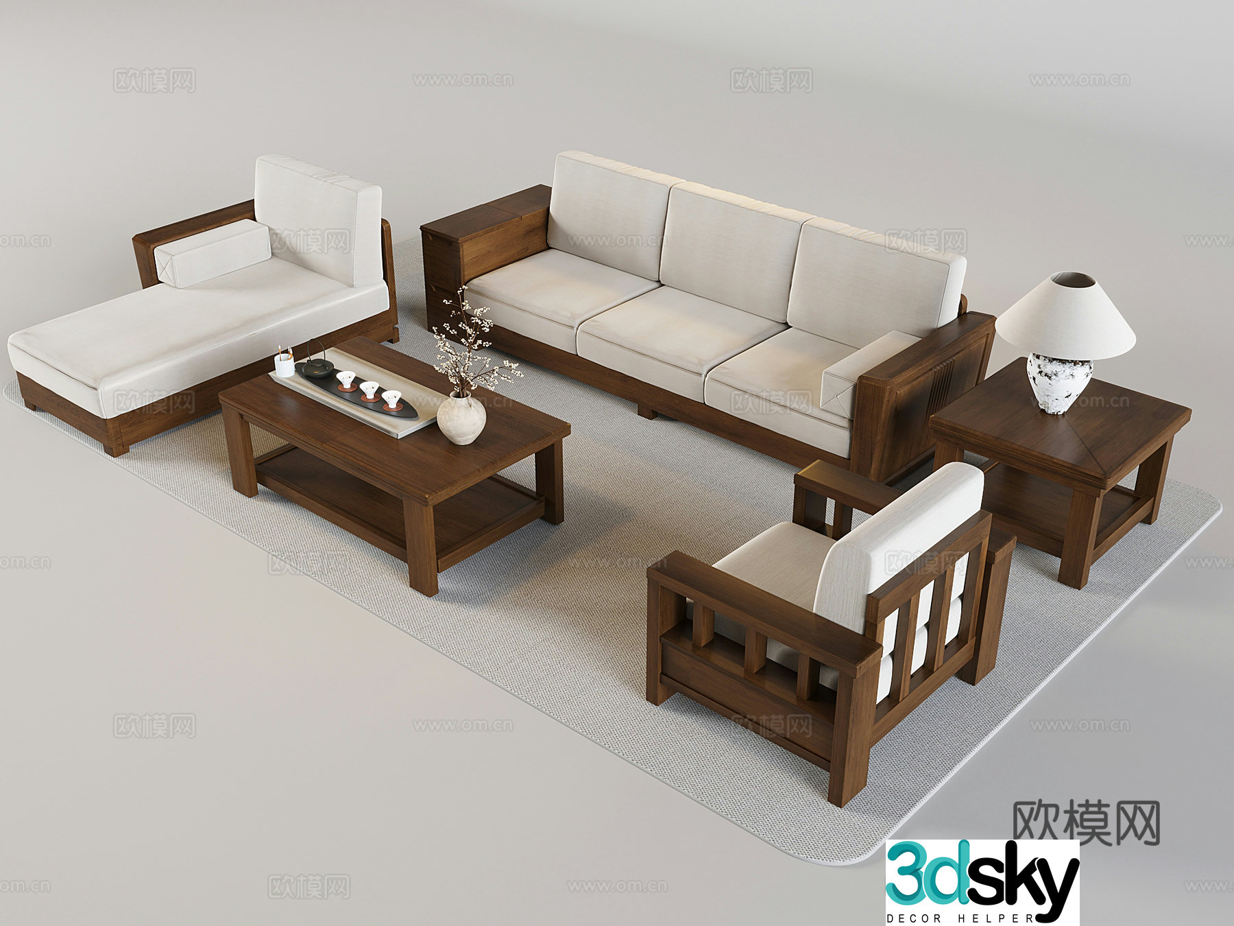 Chinese sofa tea table combination solid wood sofa tea table tea set table lamp vase flower art 3D model
