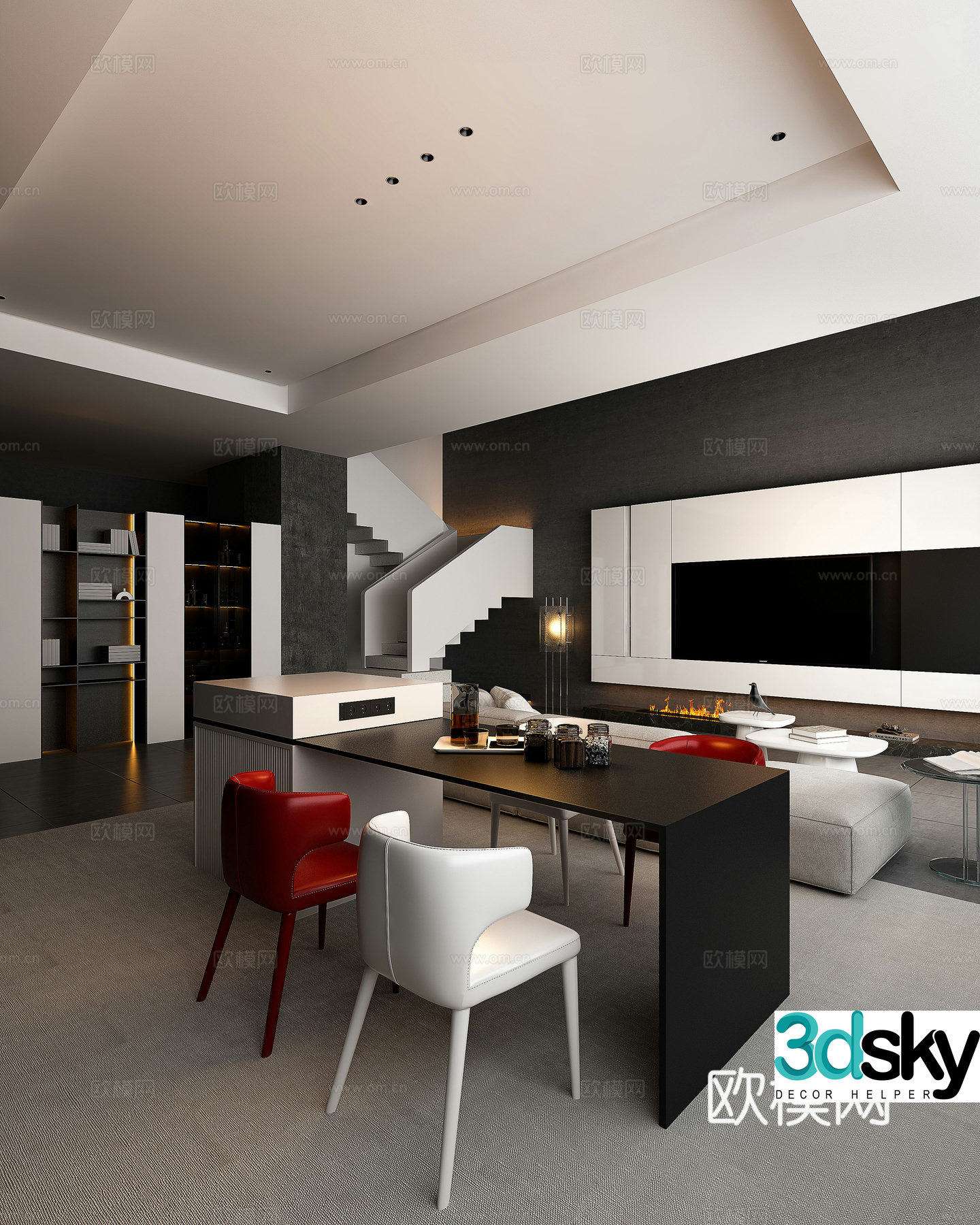 Modern living and dining room large flat floor living and dining room Italian and dining room minimalist living and dining room modern wine cabinet 3D model