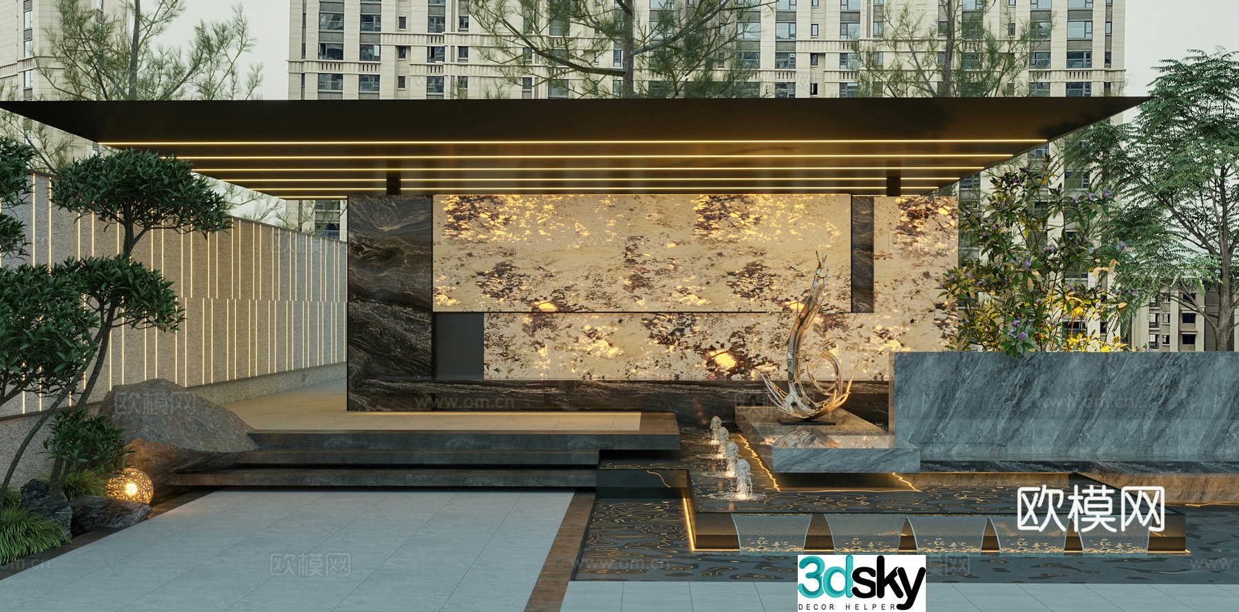 Modern light luxury garden luxury stone view wall water view pavilion 3D model