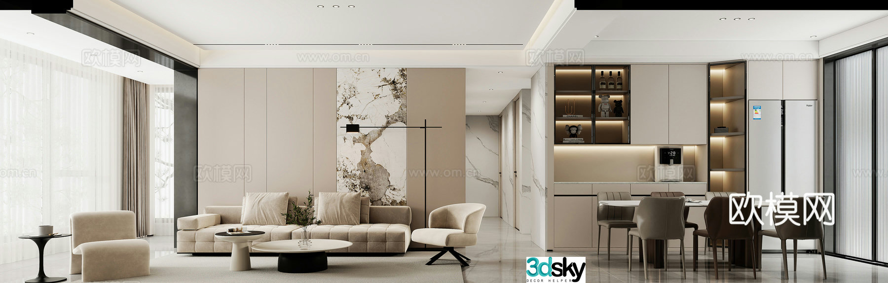 Modern living and dining room 3d model