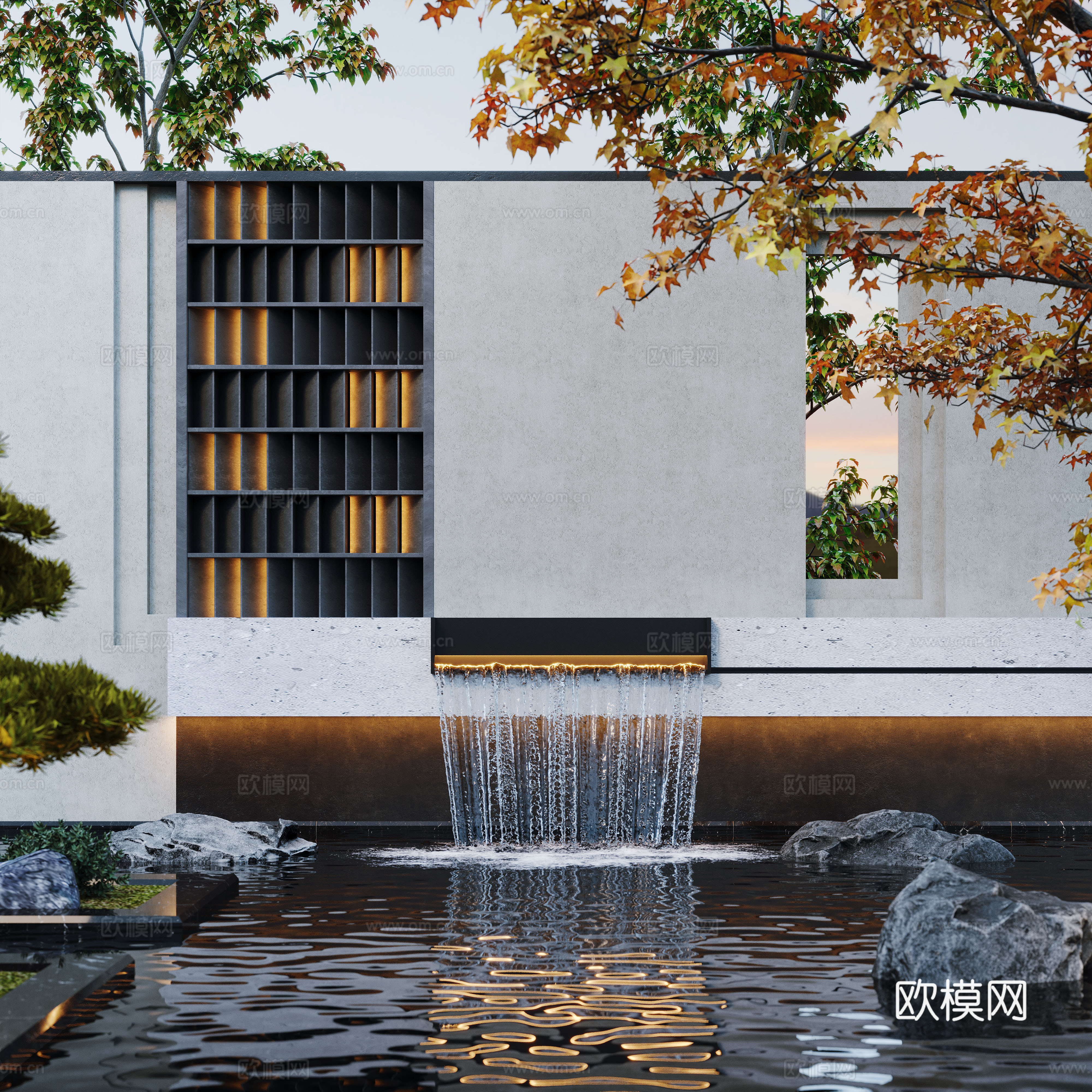Modern water landscape courtyard waterscape stacked water fish pond landscape wall 3d model