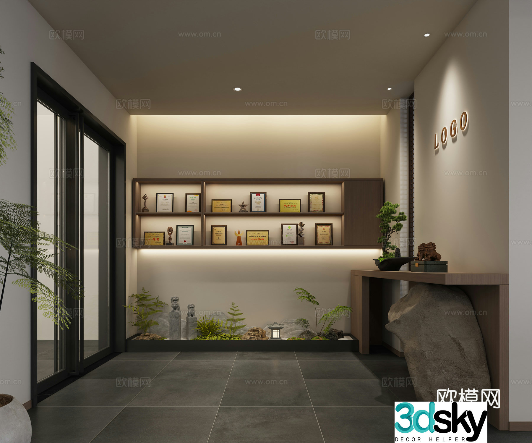 3D model of front desk hall