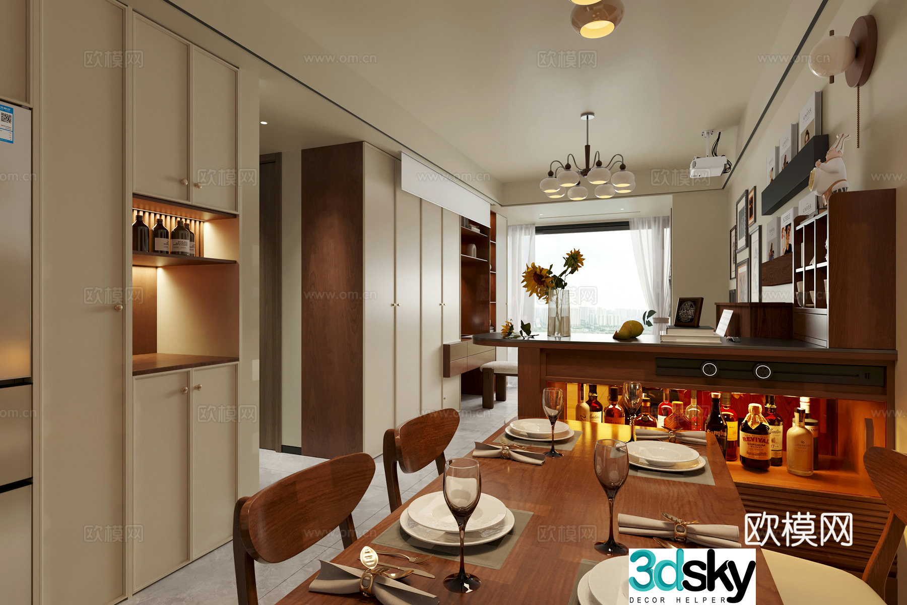 Middle style Living and dining room Logs Panoramic 3D model