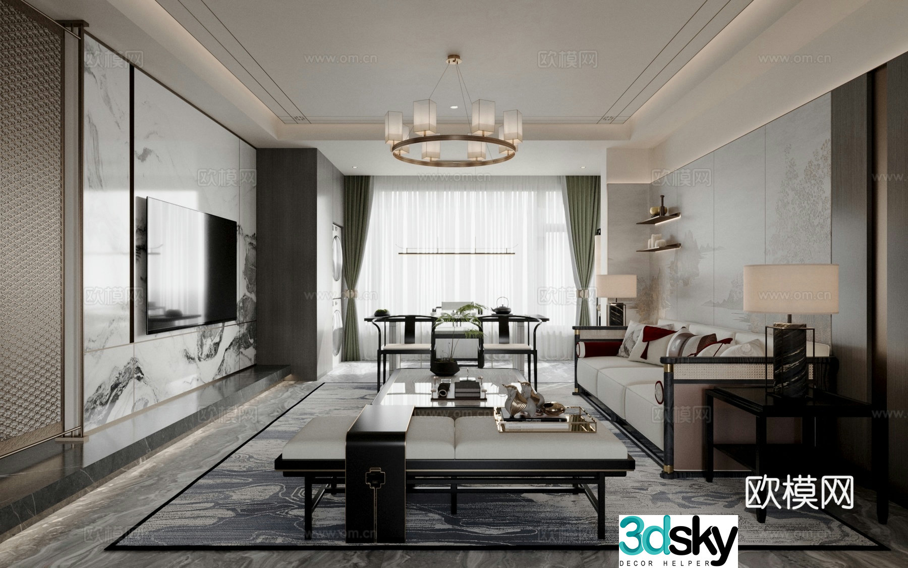 New Chinese style living room sofa coffee table carpet chandelier 3d model