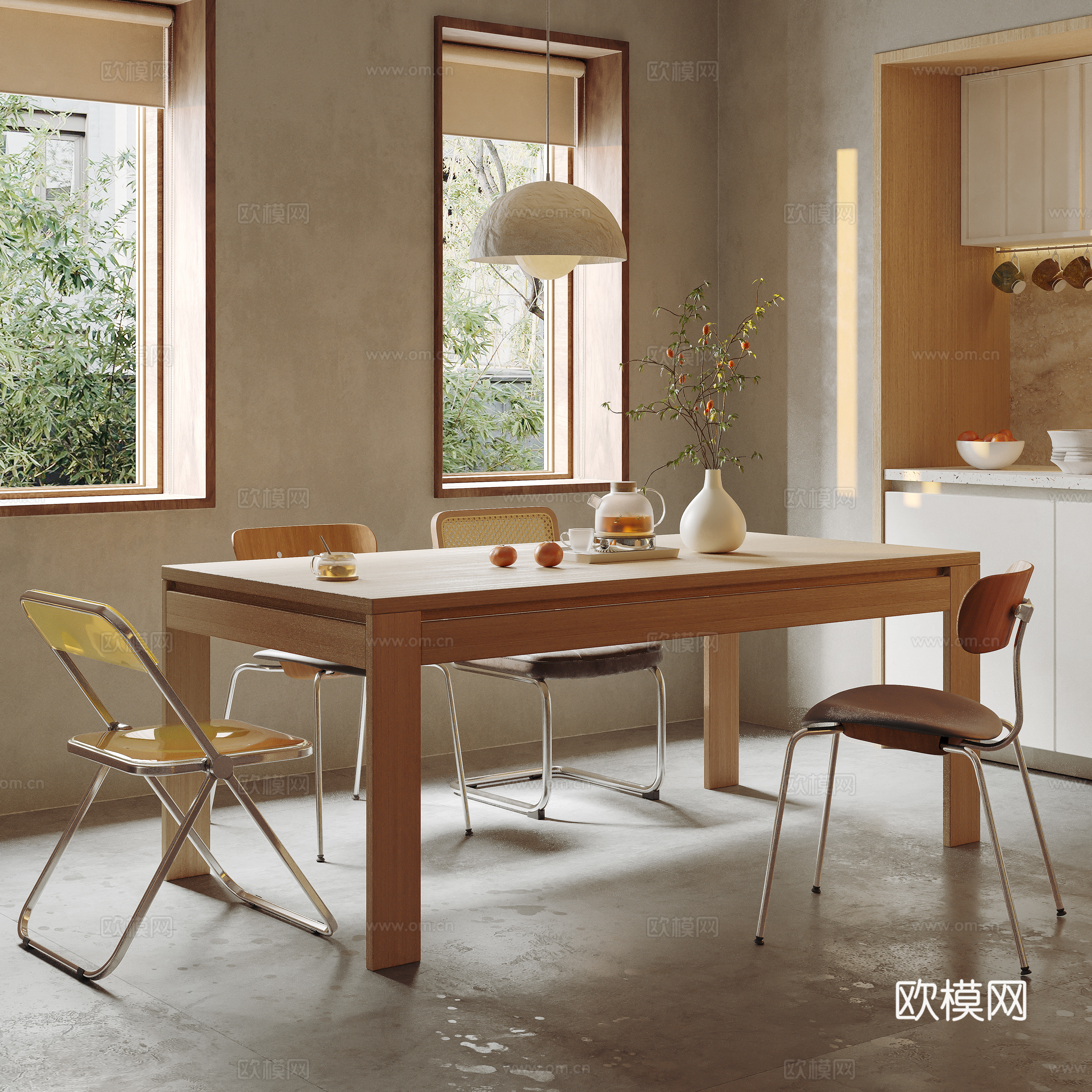 Jiji Middle-aged Home Restaurant Dining Table and Chair Combination Log Dining Table Acrylic Retro Dining Chair Ornament 3D Model