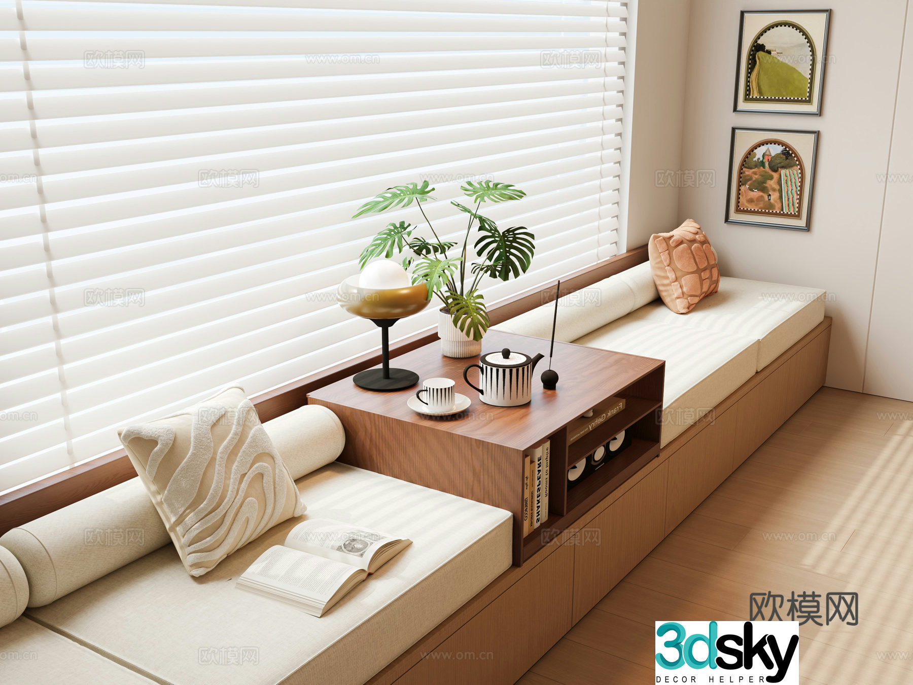 Modern medieval bay window cabinet Bathroom cushion Medium style cushion Cushion Venetian blinds Curtain 3D model