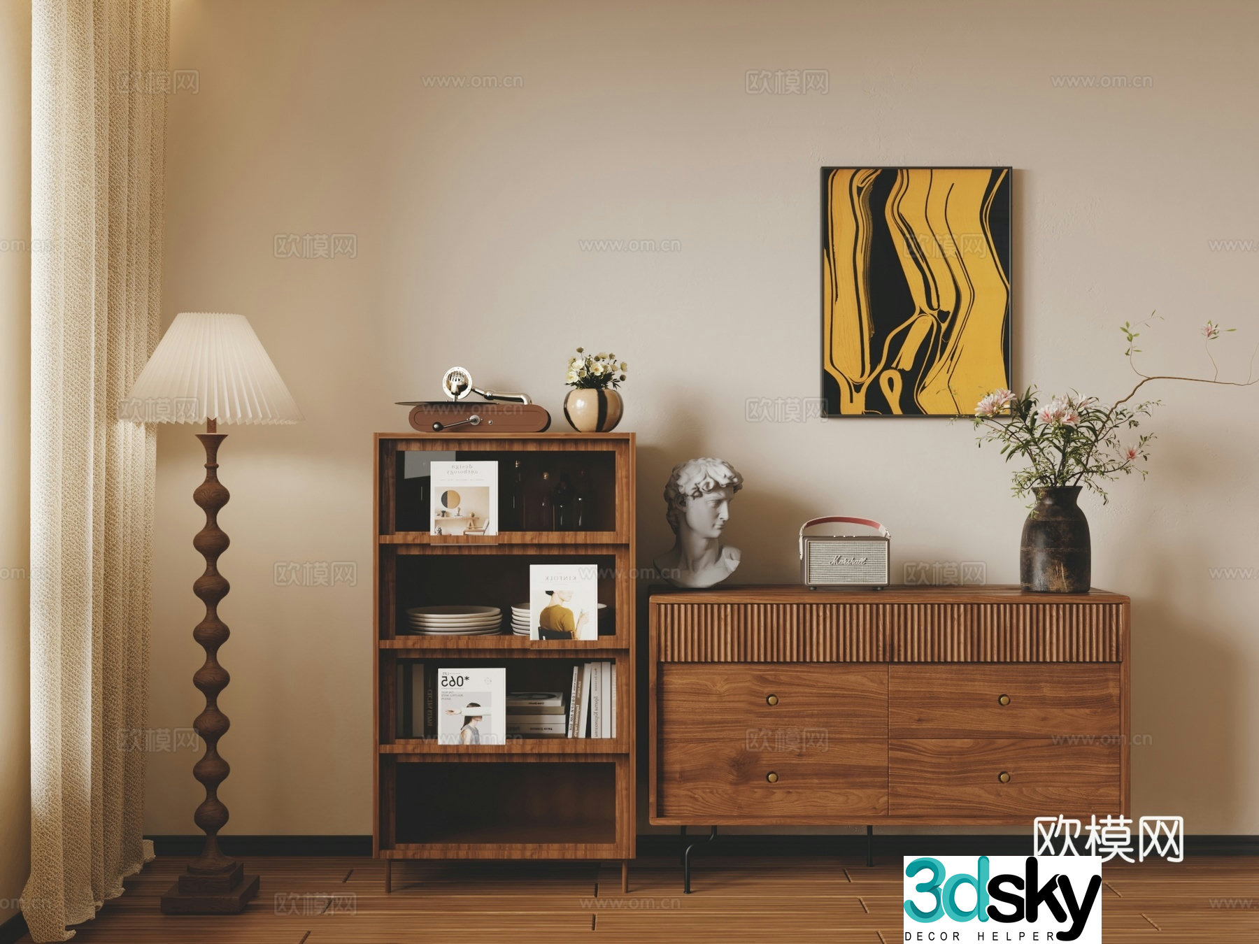 Modern restaurant solid wood dining cabinet side cabinet high and low cabinet 3D model
