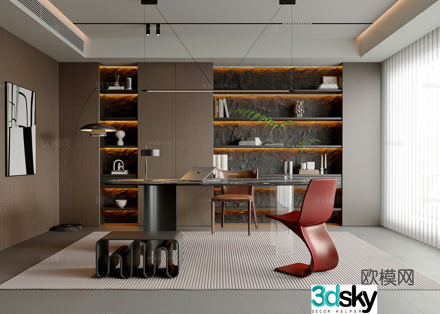 Modern Italian study desk and chair combination Alec single chair chandelier bookcase pier 3D model