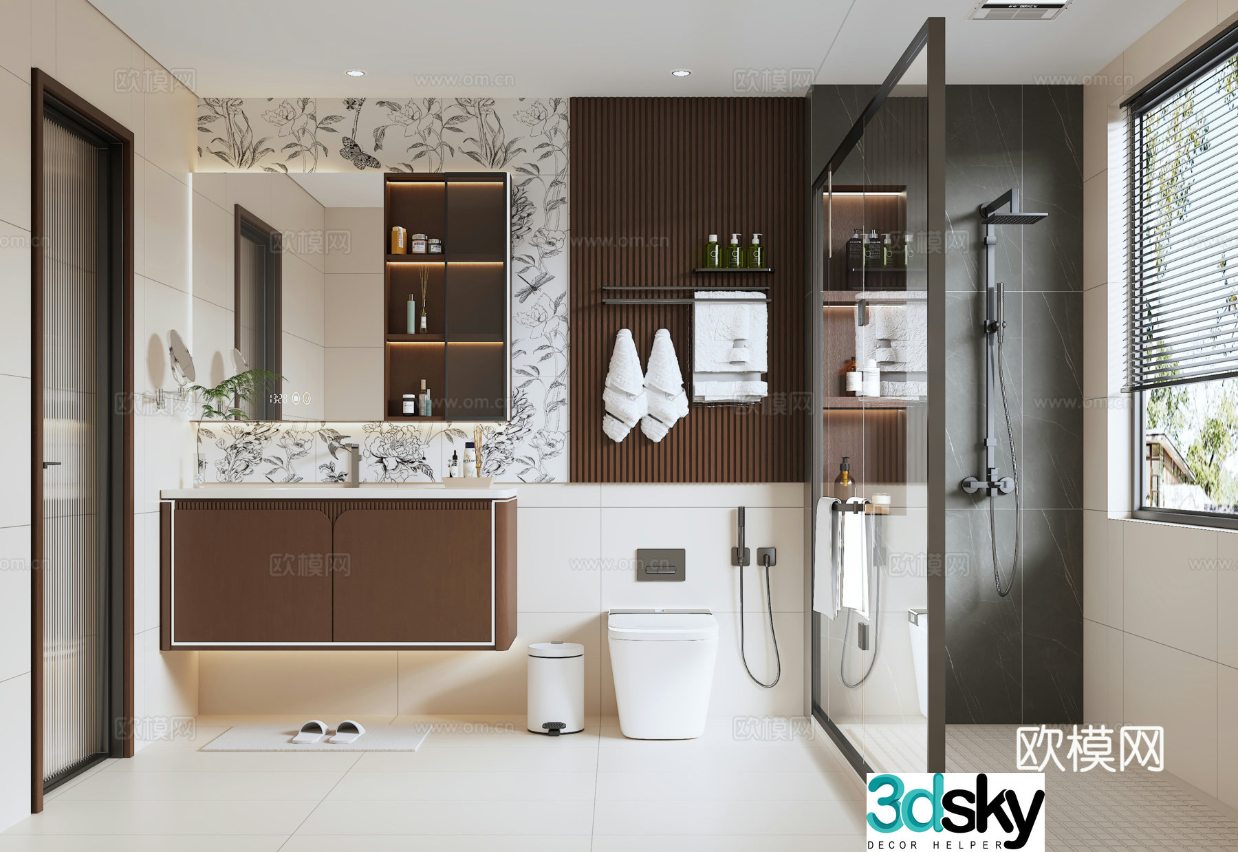 Modern medieval style bathroom bathroom cabinet toilet towel rack sliding door shower 3d model