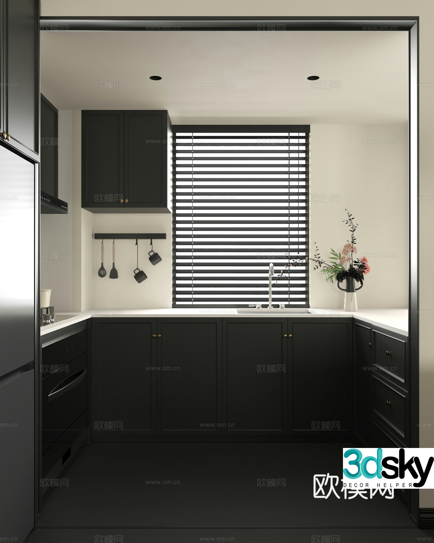 French black white and gray modern kitchen 3d model