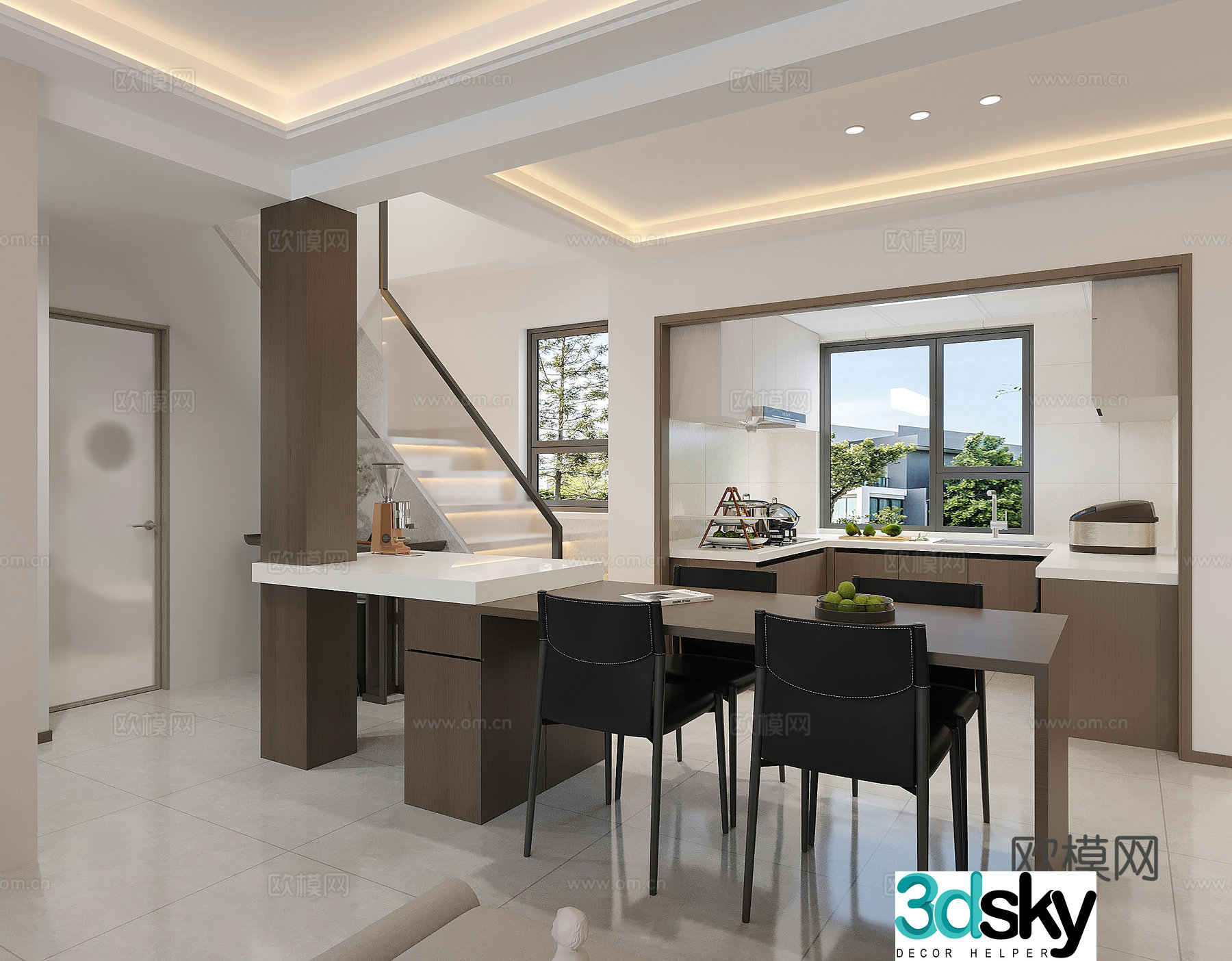 Modern restaurant island bar kitchen stairs 3d model