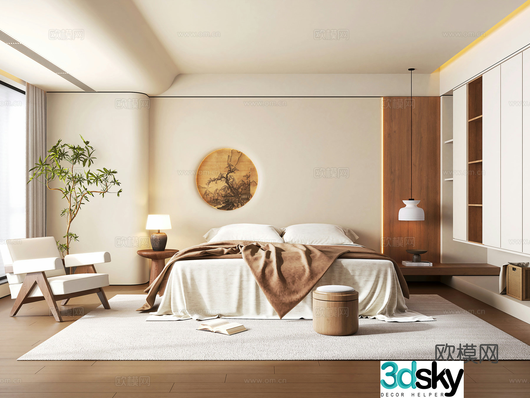 New Chinese style home bedroom New Chinese style fabric double bed Bedside table leisure chair Bedside chandelier 3D model