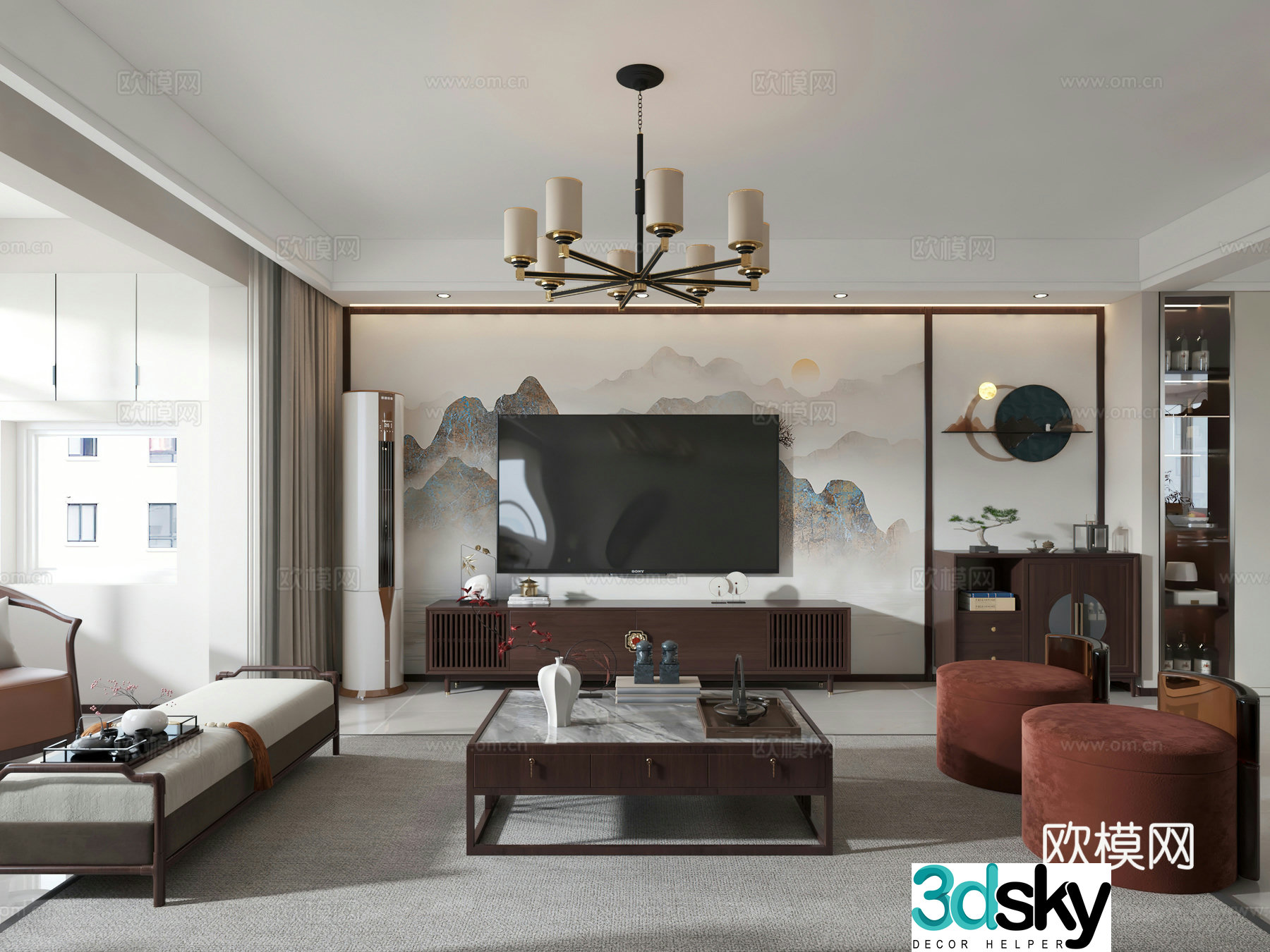 New Chinese style living and dining room open kitchen TV wall angled shoe cabinet 3D model