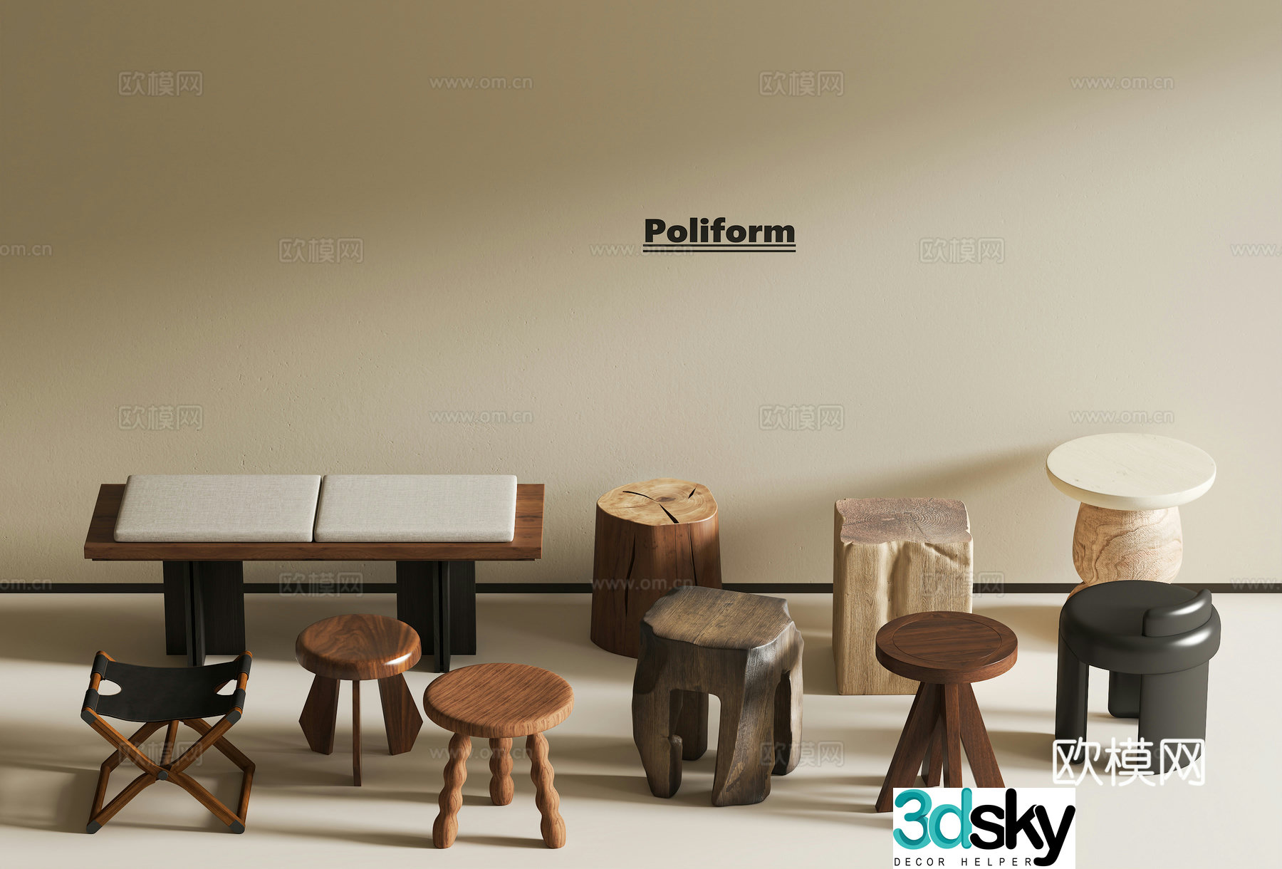 New Chinese style Chinese stool wooden stool round stool makeup stool medieval retro stool 3d model