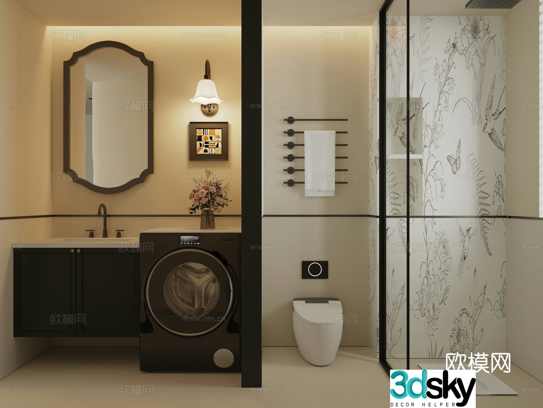 French black and white gray dry area bathroom 3d model