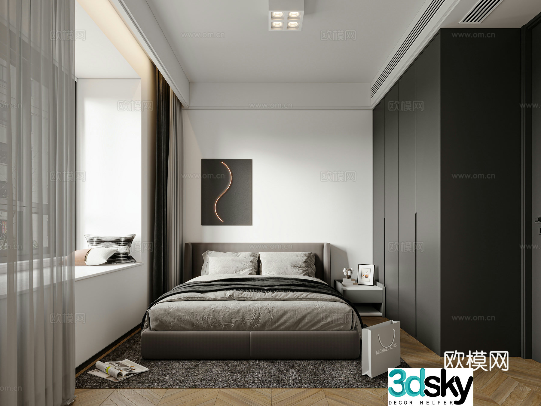 Black white and gray bedroom 3d model