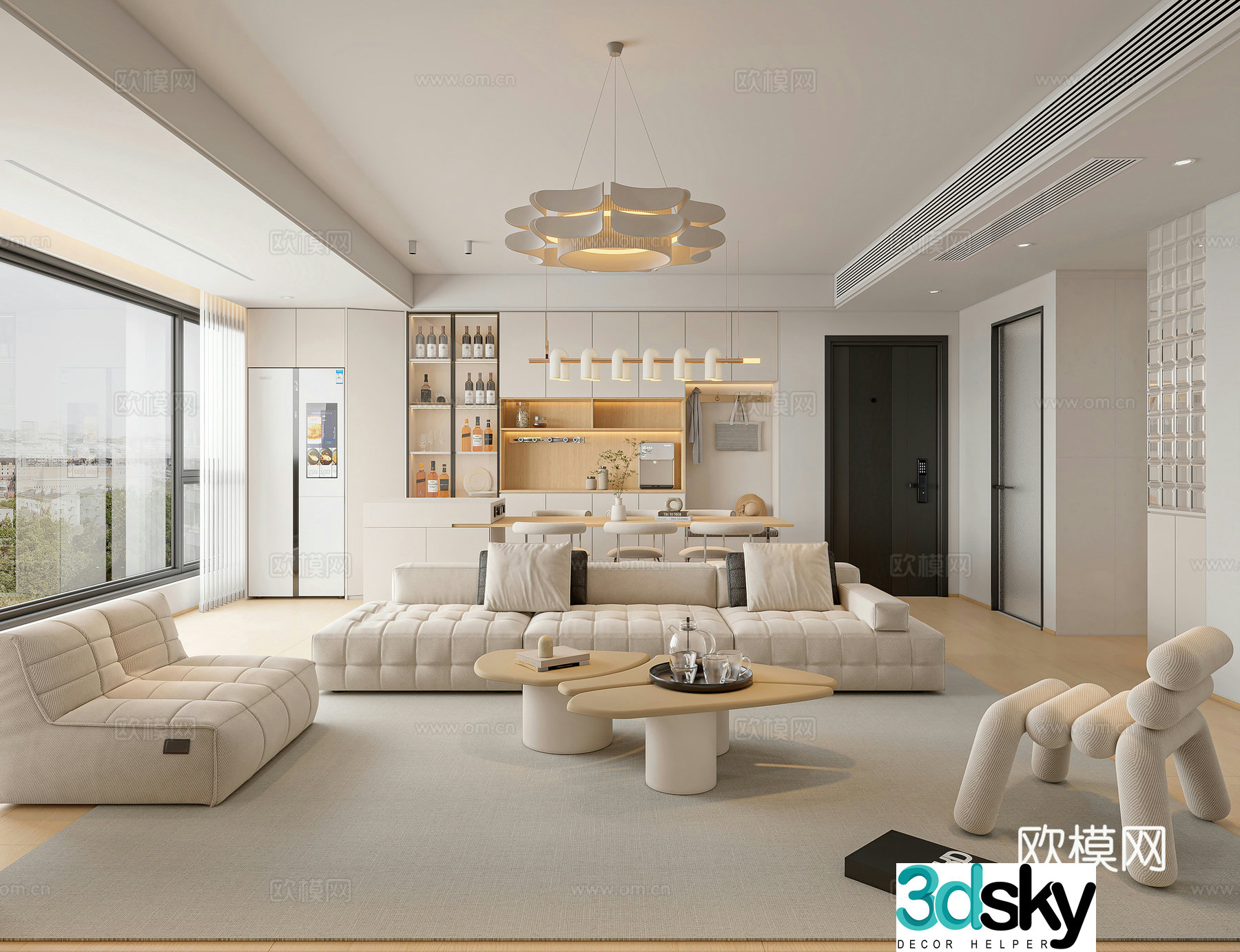 Creamy style living room combination sofa wine cabinet dining table modern living room creamy style living room 3d model