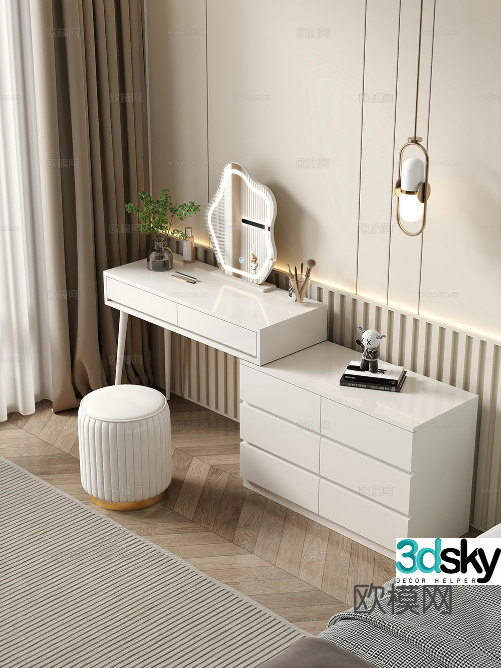 Modern makeup table makeup stool combination dressing table makeup stool mirror decoration hanging painting 3d model