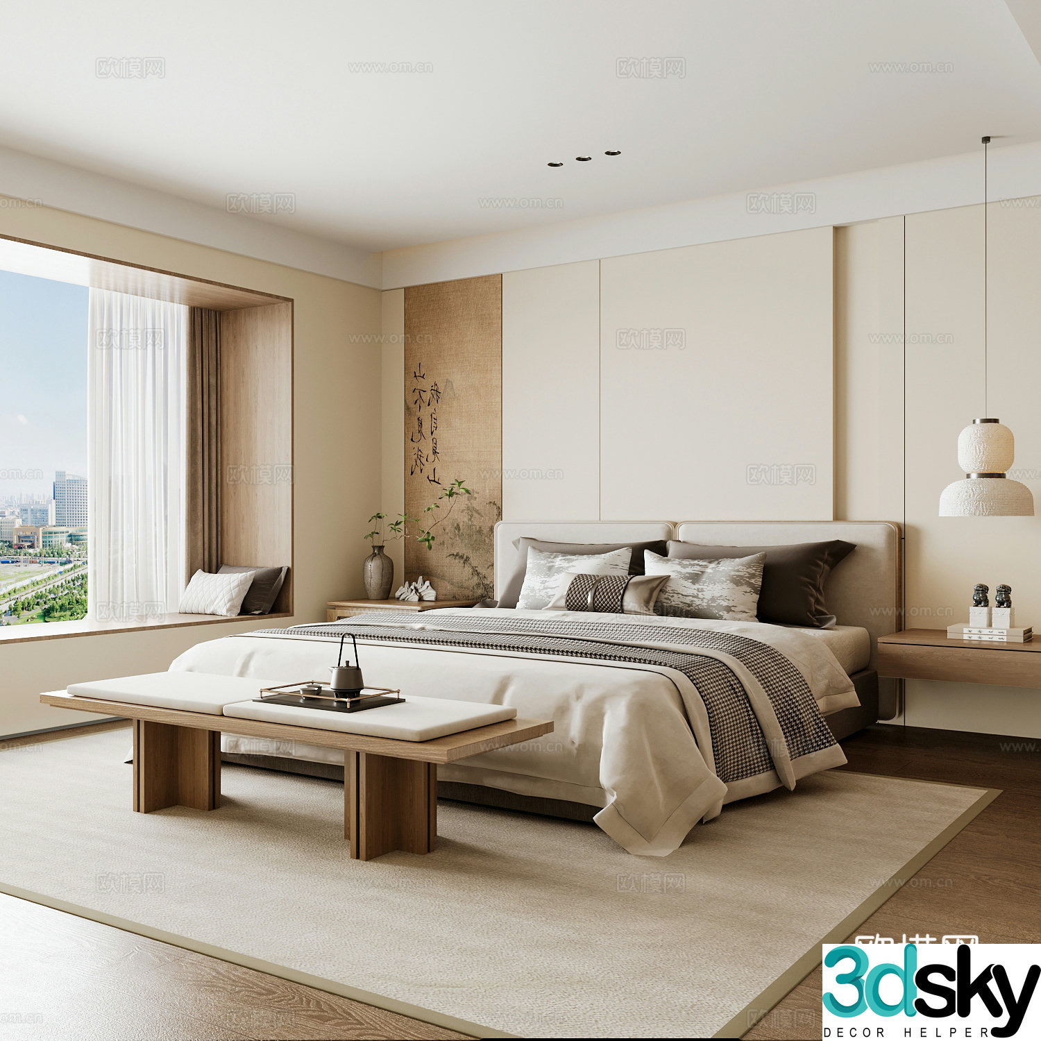 New Chinese style home bedroom Song family aesthetic bedroom Song style bedroom New Chinese style double bed New Chinese 3D model